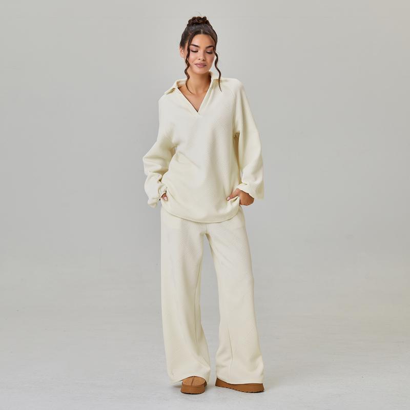 KatchMe Women's Slouchy Solid Color V-Neck Loose Textured Pullover & Drawstring Waist Trousers Co-ord, Minimalist Two Piece Outfits, Soft Womenswear