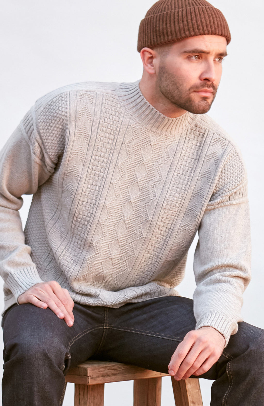 Mens Midweight Cotton Mock Neck Gansey Jumper