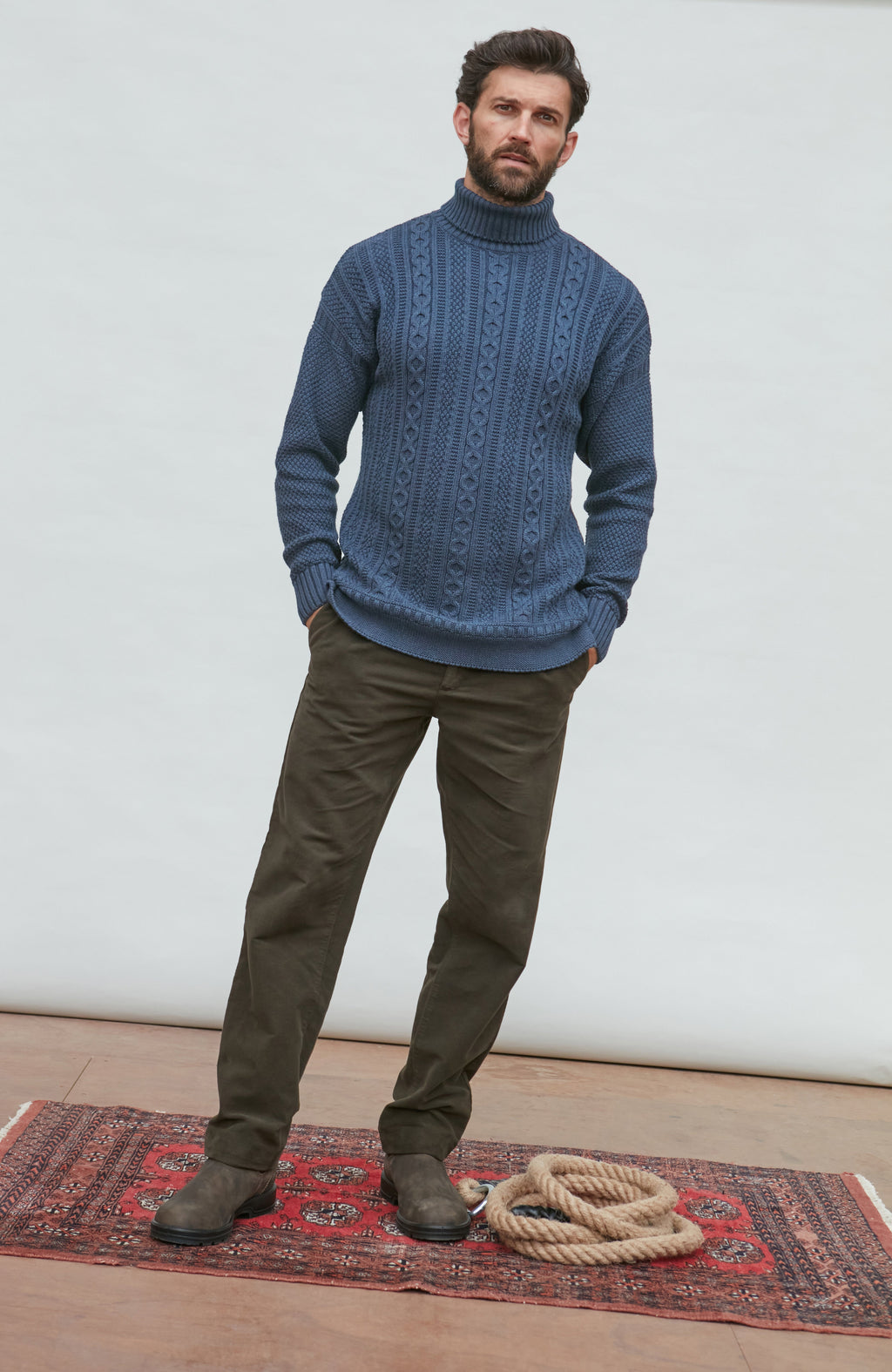 Mens Midweight Cotton Cable Roll Neck Gansey Jumper
