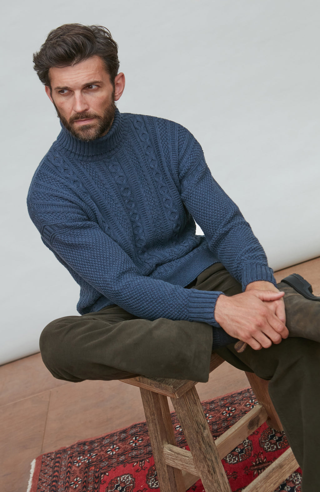 Mens Midweight Cotton Cable Roll Neck Gansey Jumper
