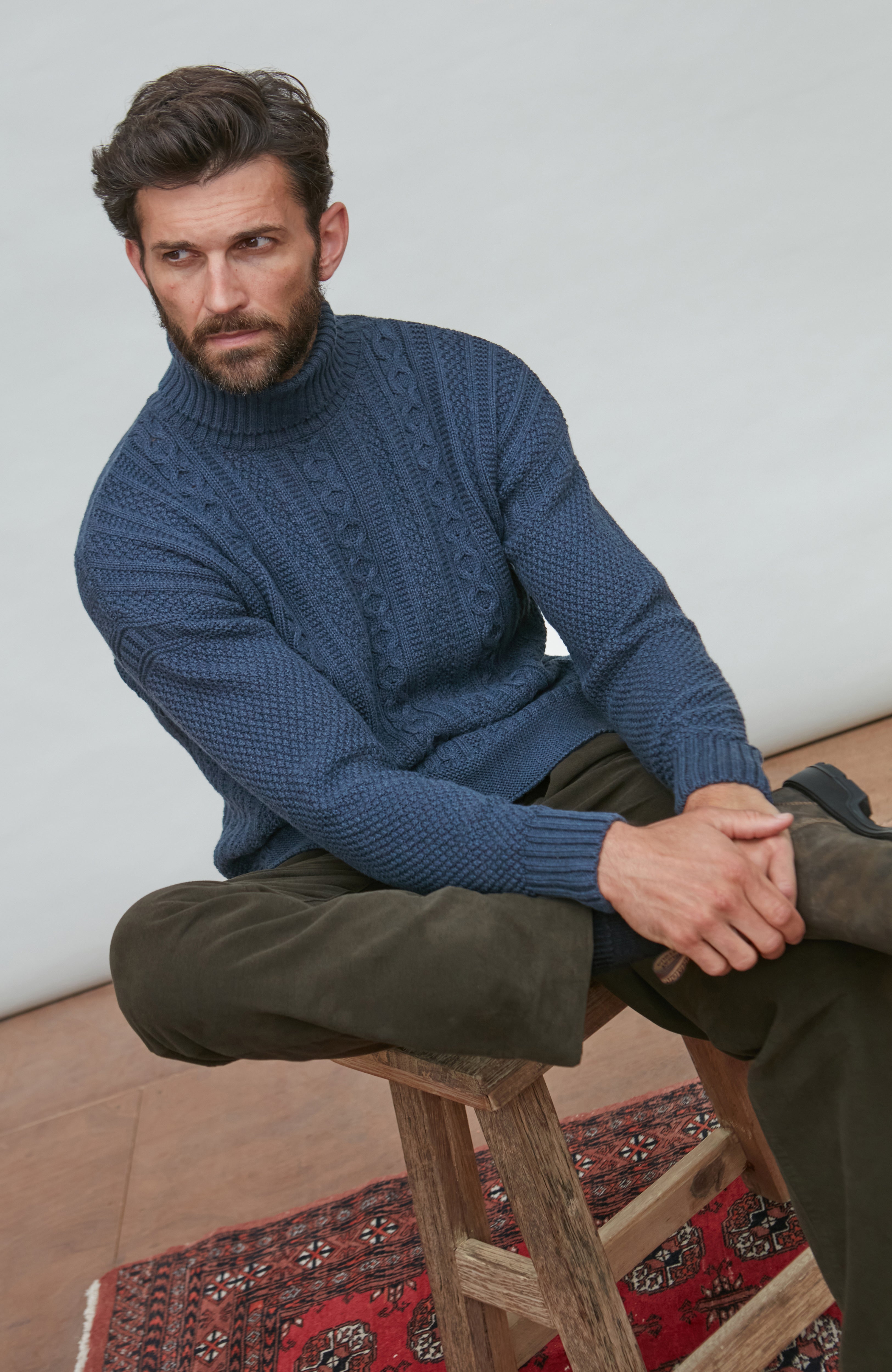 Mens Midweight Cotton Cable Roll Neck Gansey Jumper