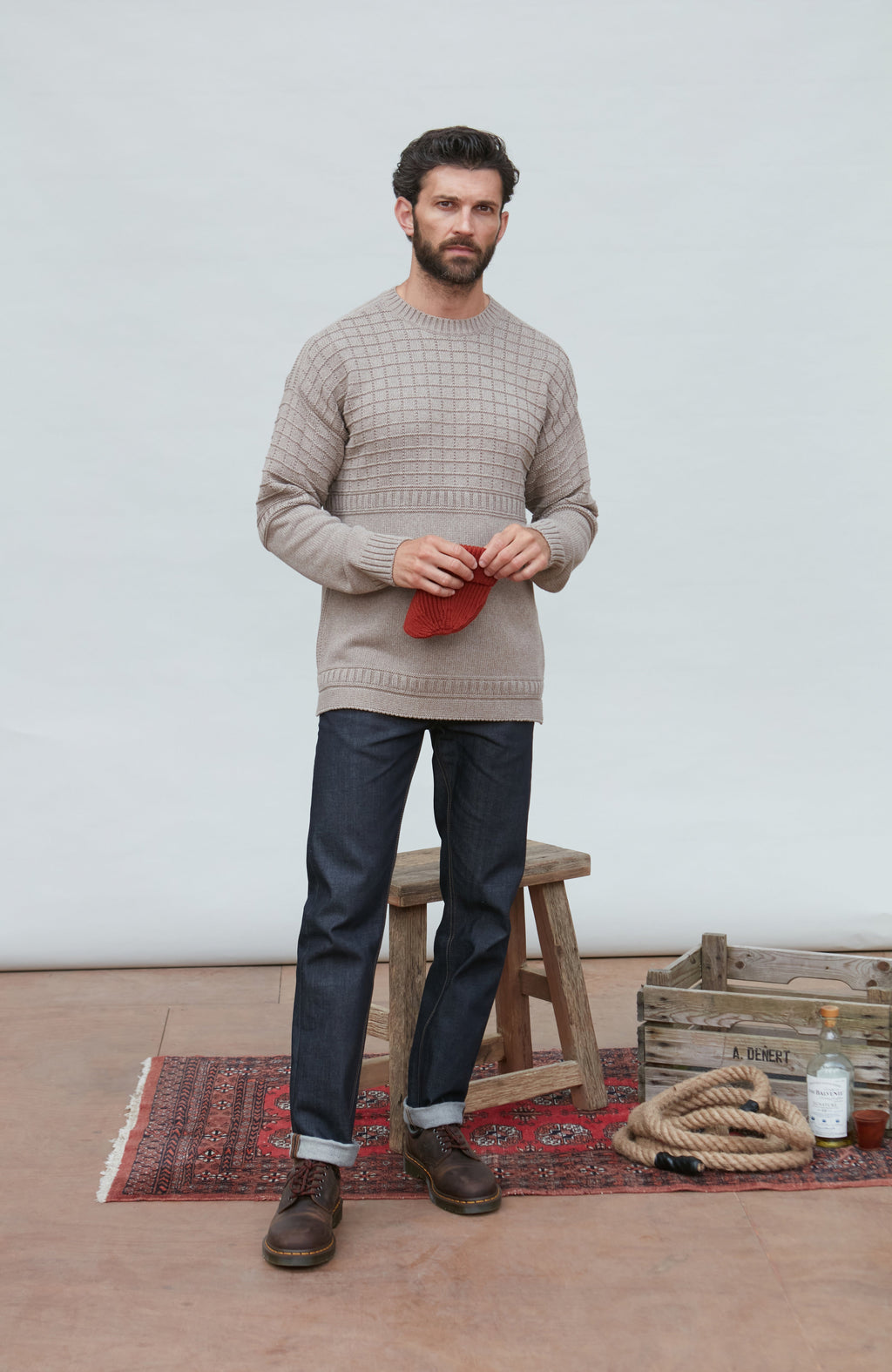 Mens Midweight Cotton Grid Knit Gansey Jumper