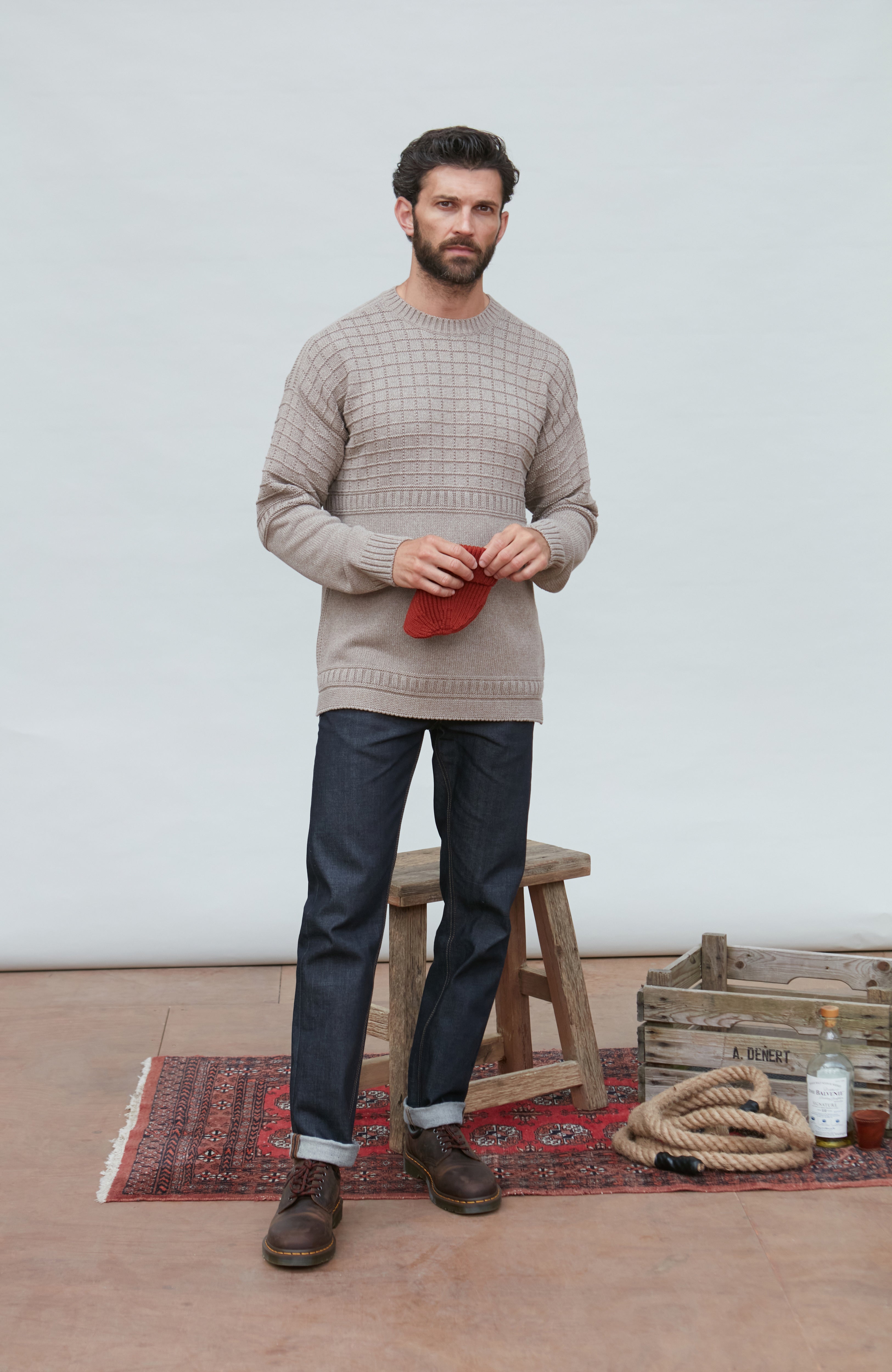 Mens Midweight Cotton Grid Knit Gansey Jumper