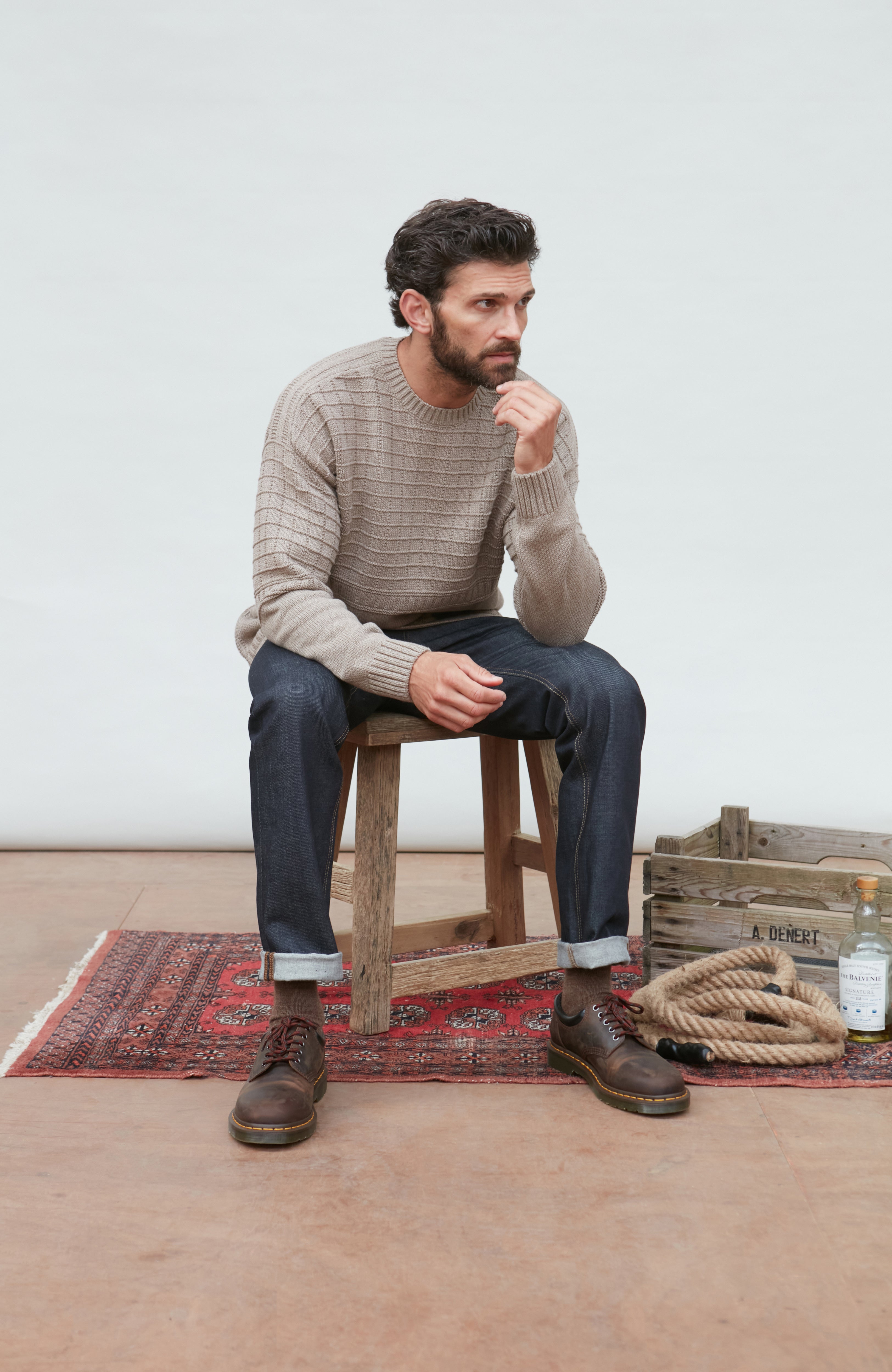 Mens Midweight Cotton Grid Knit Gansey Jumper