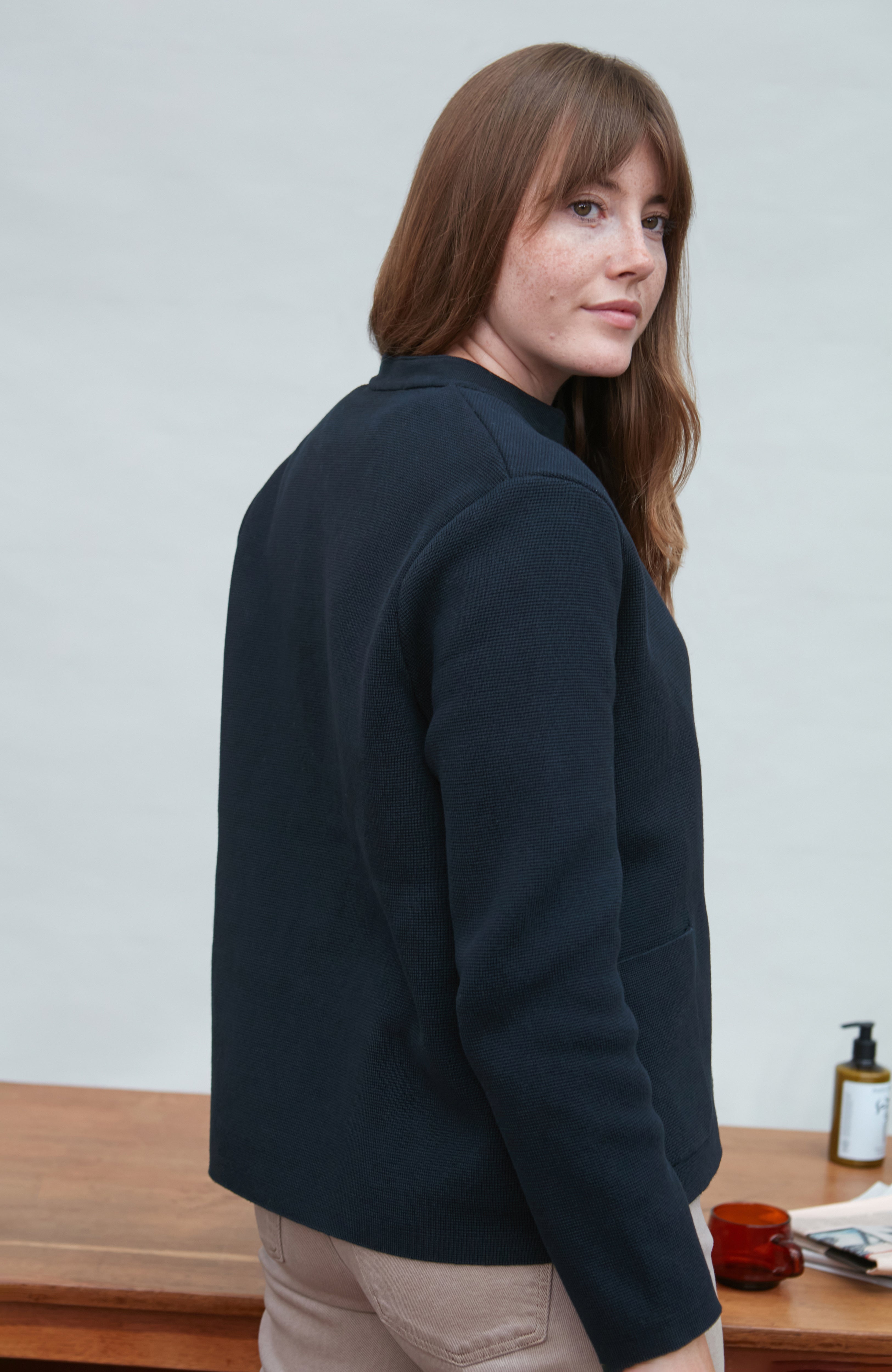 Womens Midweight Cotton Knitted Nehru Jacket