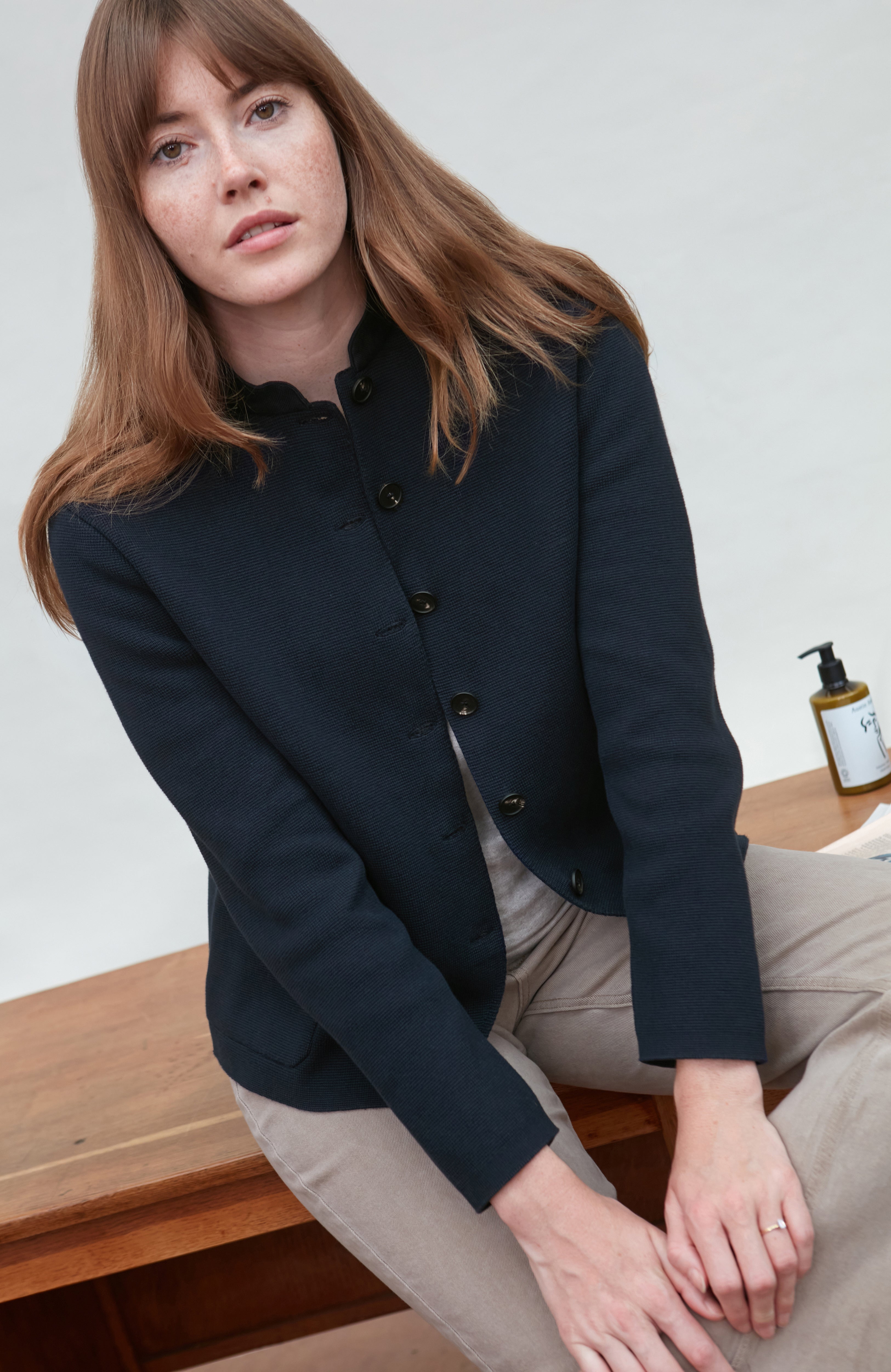 Womens Midweight Cotton Knitted Nehru Jacket