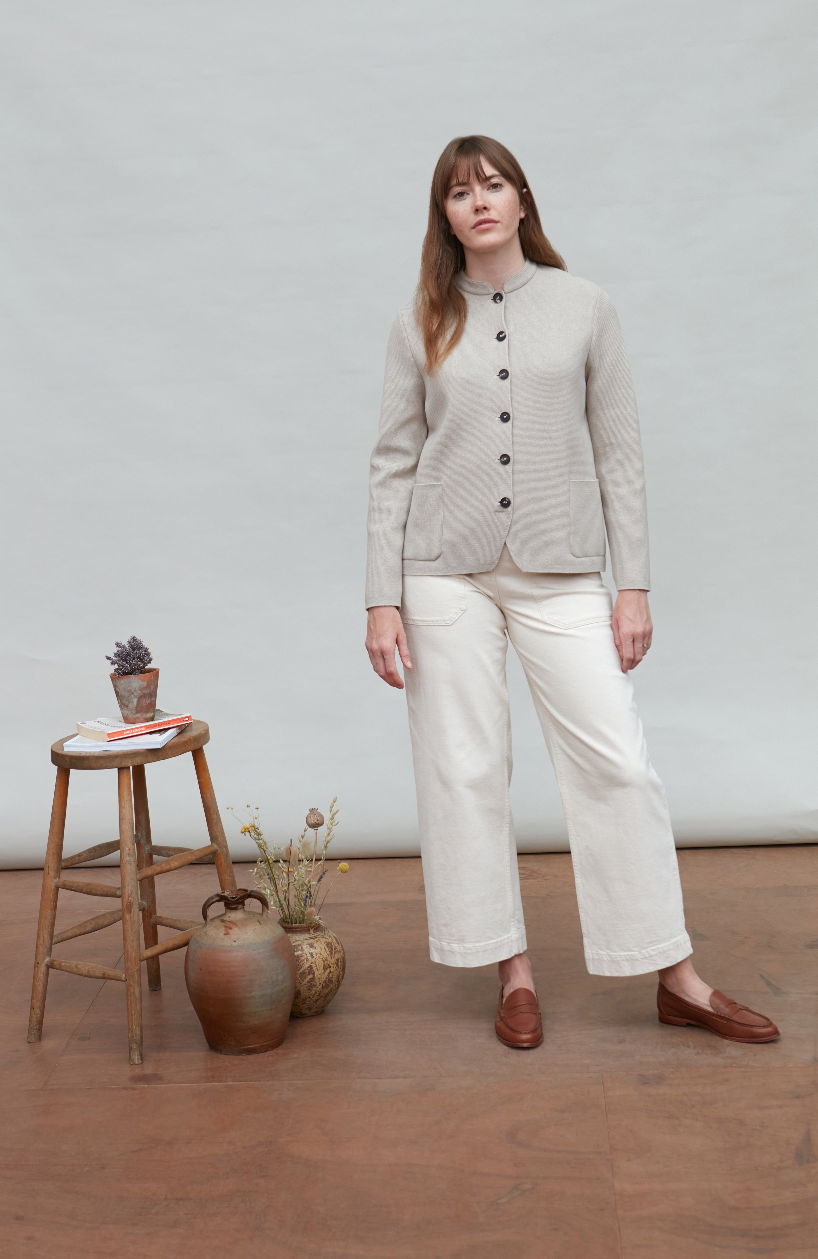 Womens Midweight Cotton Knitted Nehru Jacket