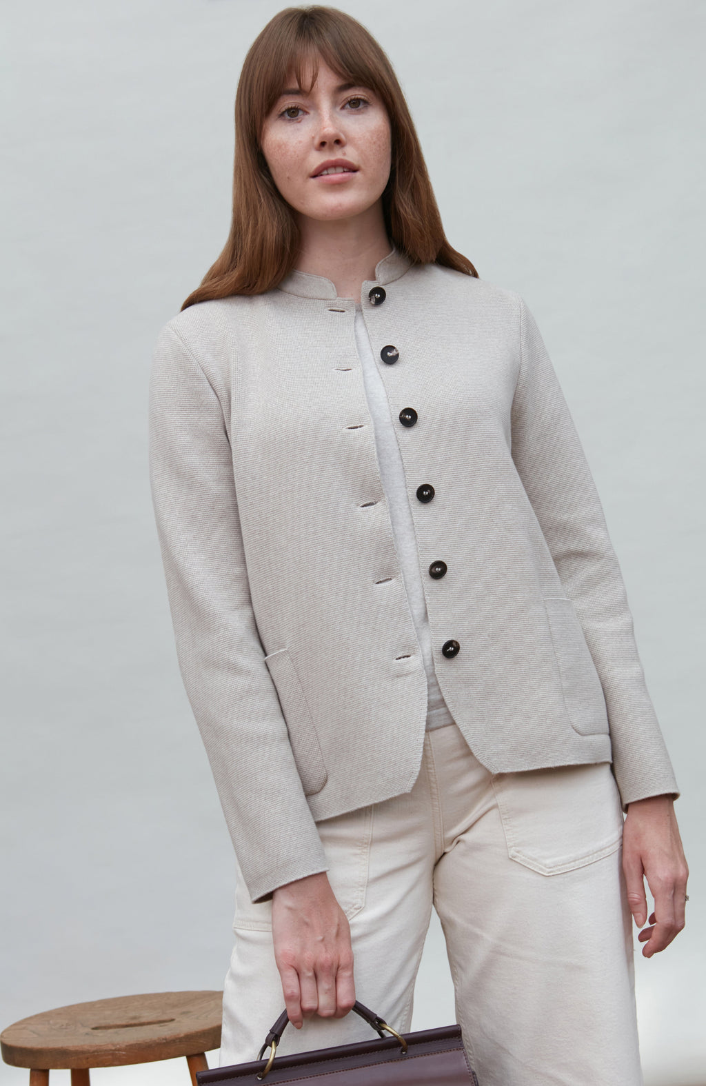 Womens Midweight Cotton Knitted Nehru Jacket