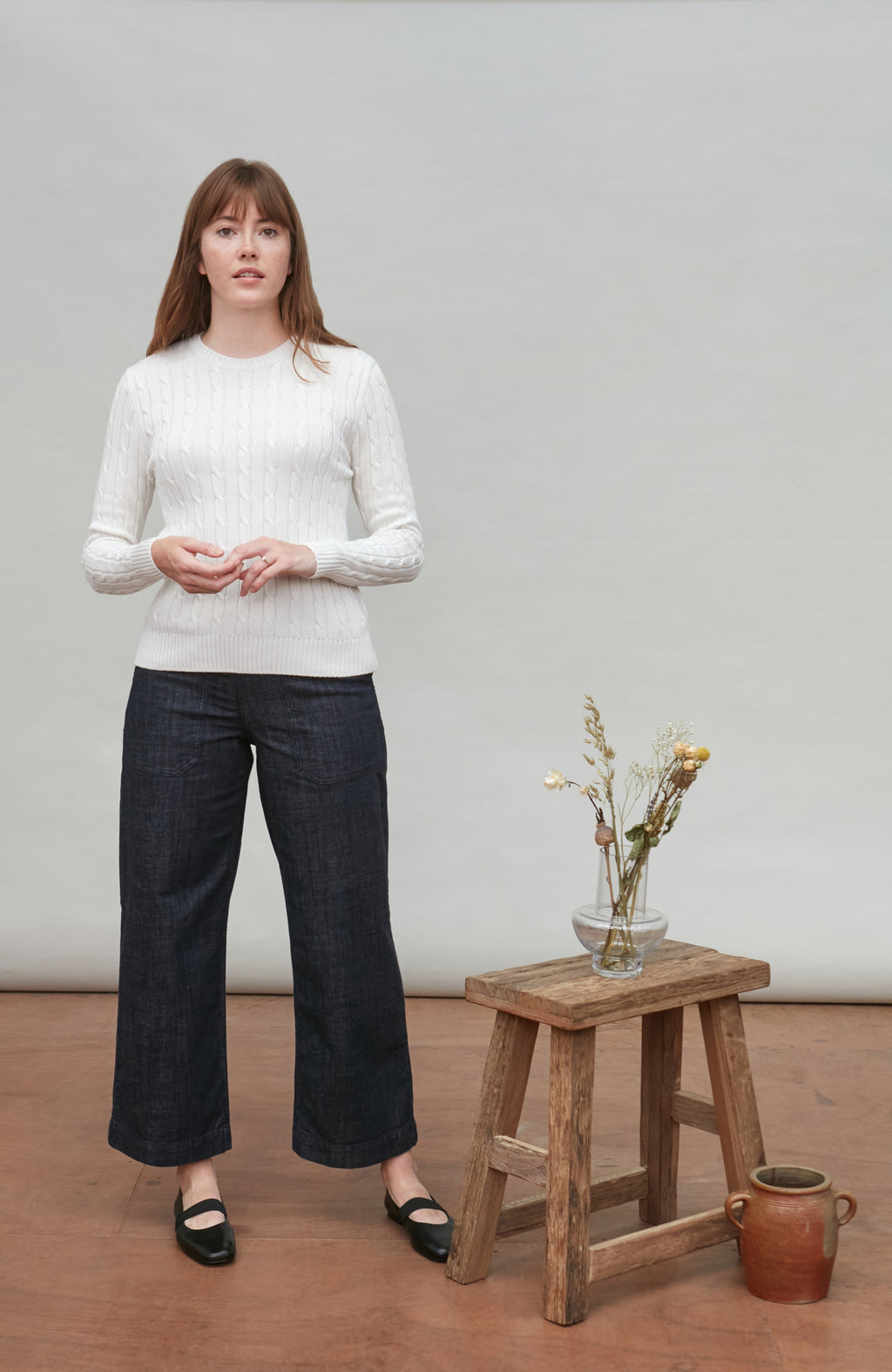 Womens Cotton Cable Crew Neck Jumper