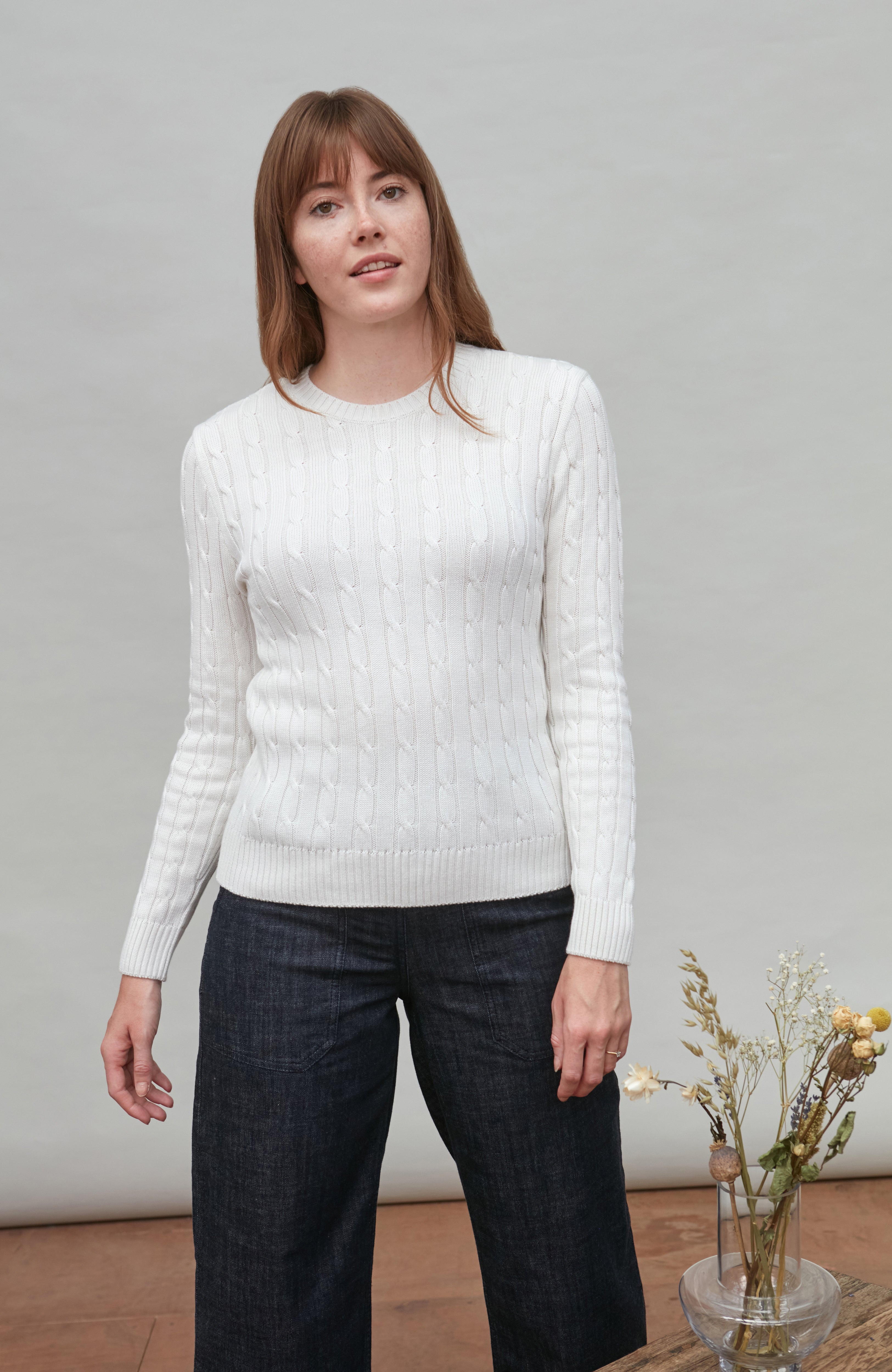 Womens Cotton Cable Crew Neck Jumper