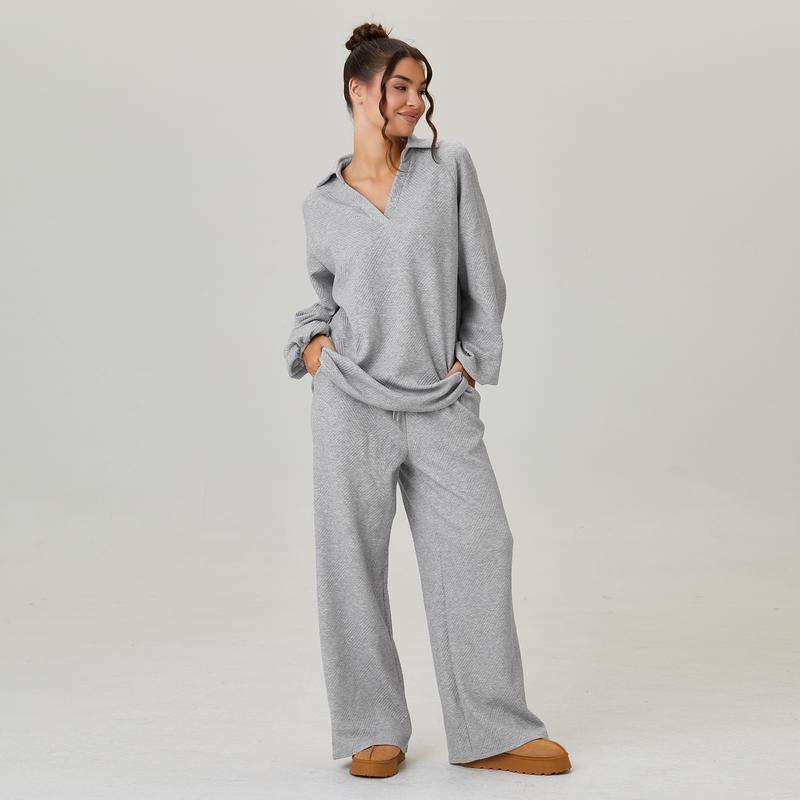 KatchMe Women's Slouchy Solid Color V-Neck Loose Textured Pullover & Drawstring Waist Trousers Co-ord, Minimalist Two Piece Outfits, Soft Womenswear