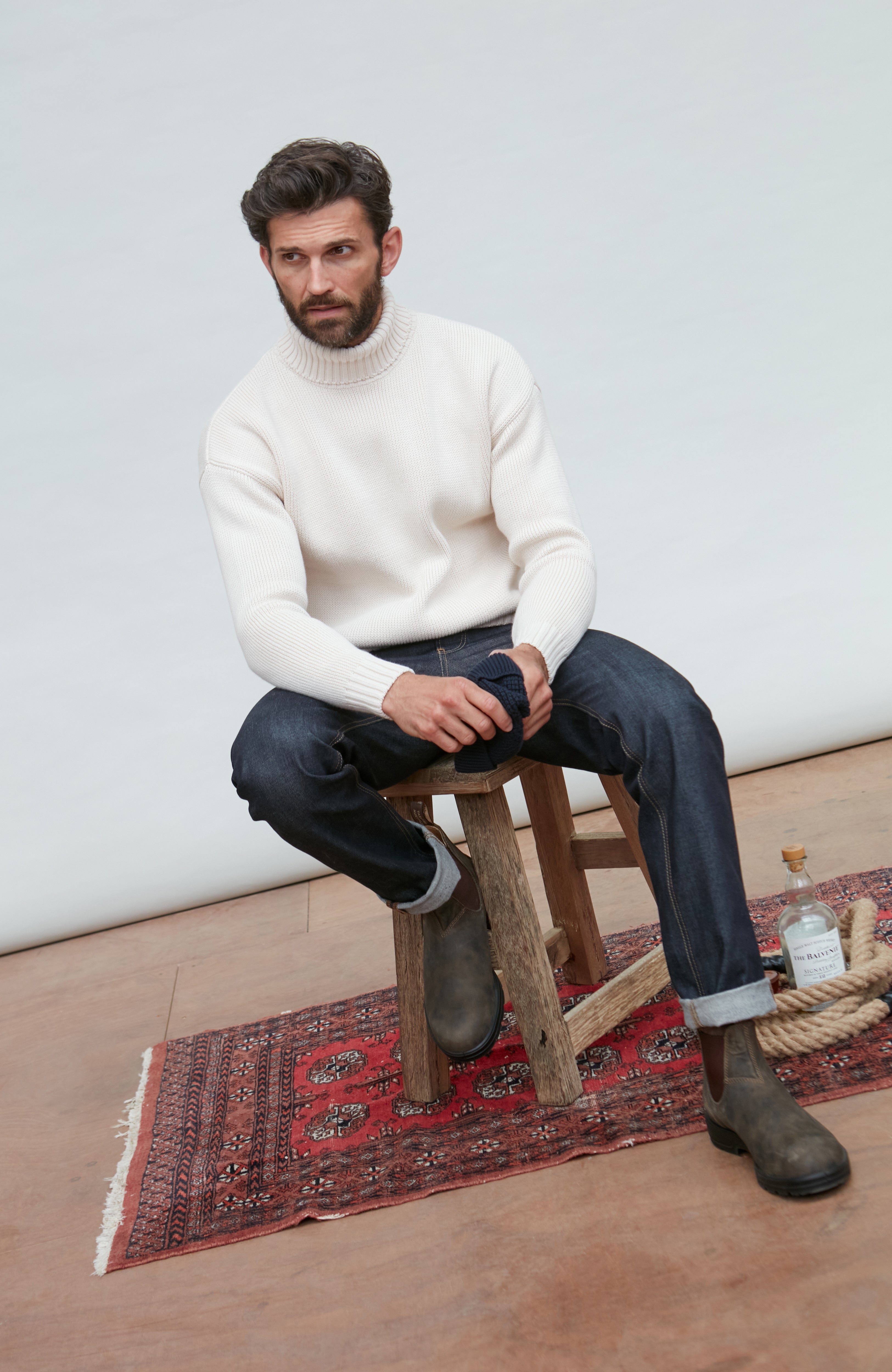 Mens Heavyweight Cotton Submariner Roll Neck Jumper