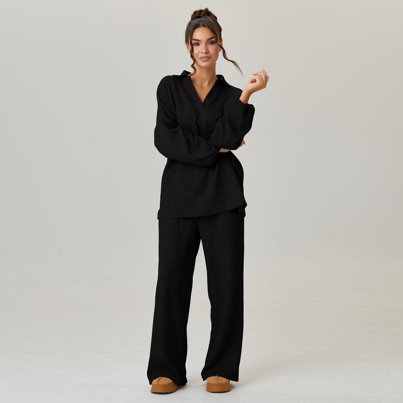 KatchMe Women's Slouchy Solid Color V-Neck Loose Textured Pullover & Drawstring Waist Trousers Co-ord, Minimalist Two Piece Outfits, Soft Womenswear