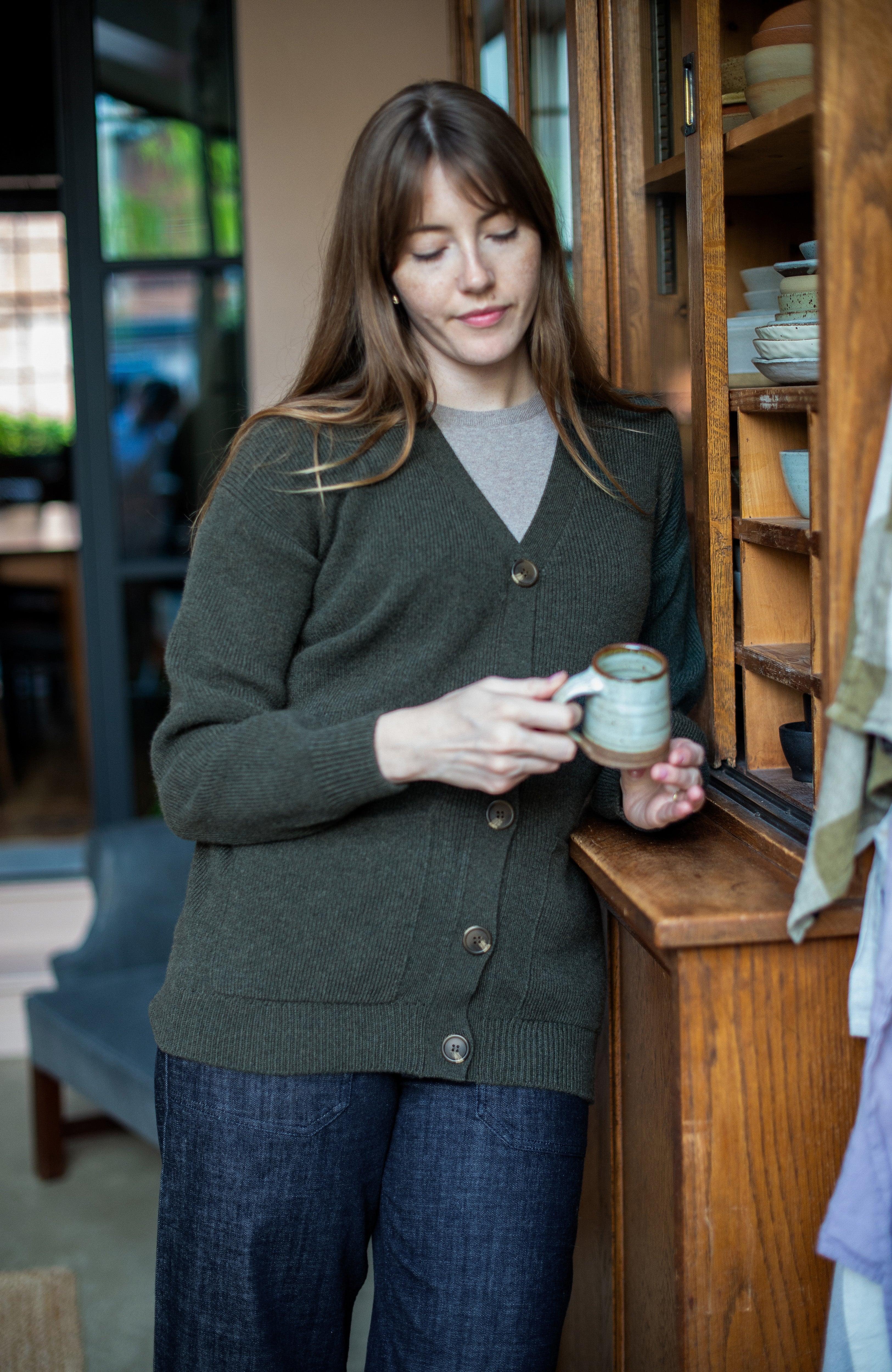 Womens Lambswool V Neck Ribbed Cardigan with Pockets