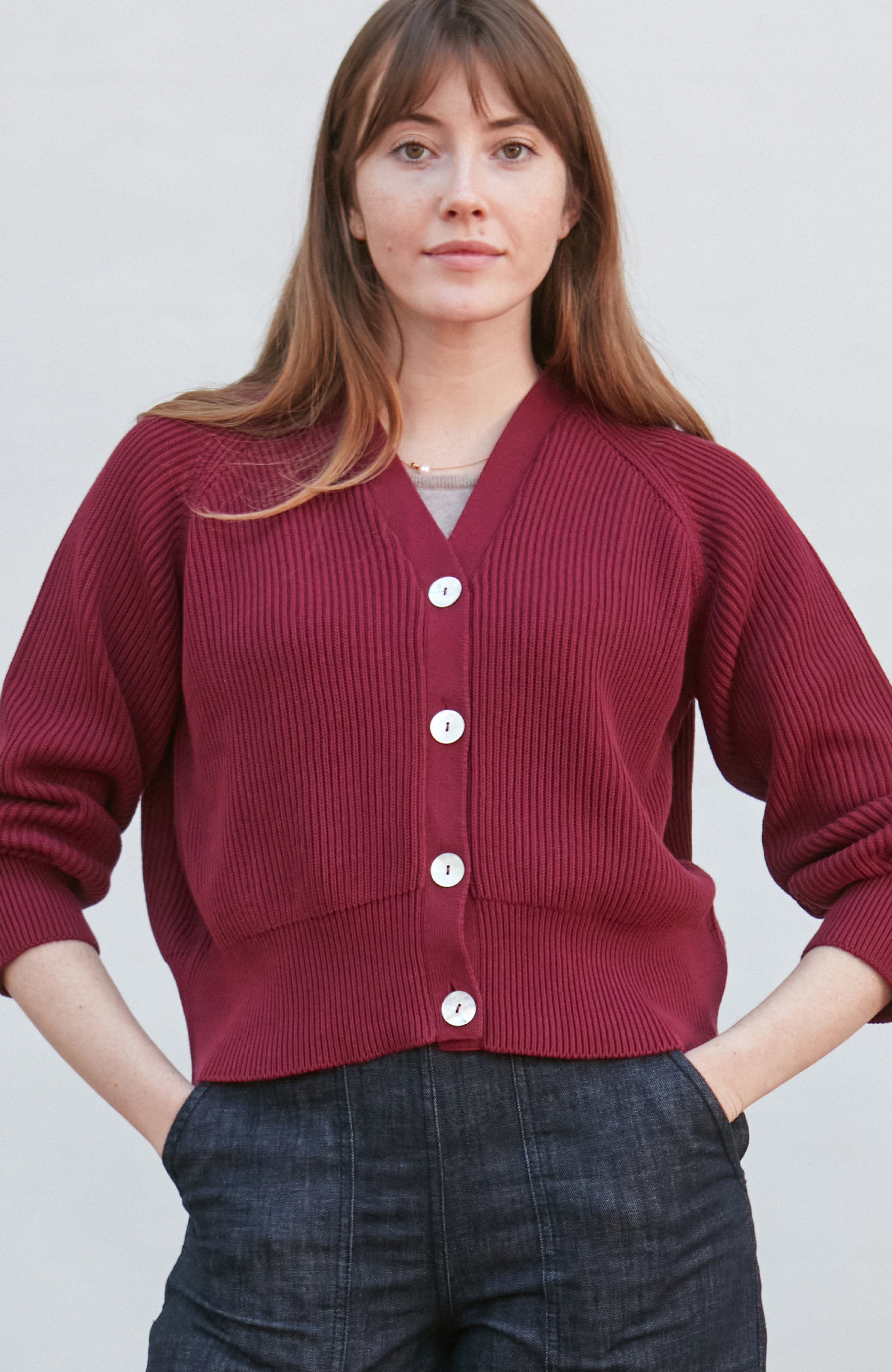 Womens Cotton Oversized V Neck Ribbed Cardigan