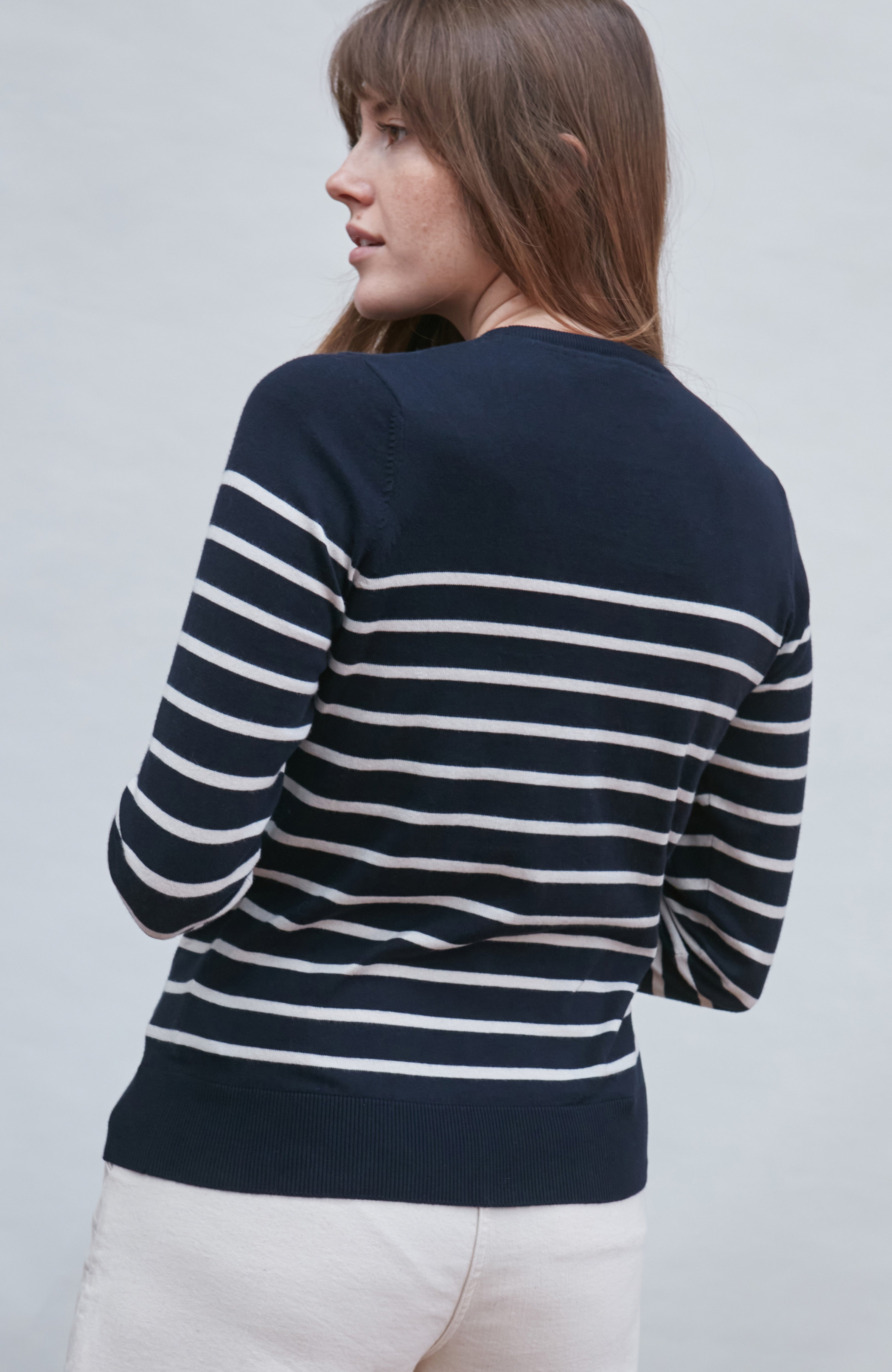 Womens Ultra Fine Cotton Breton Crew Neck Jumper