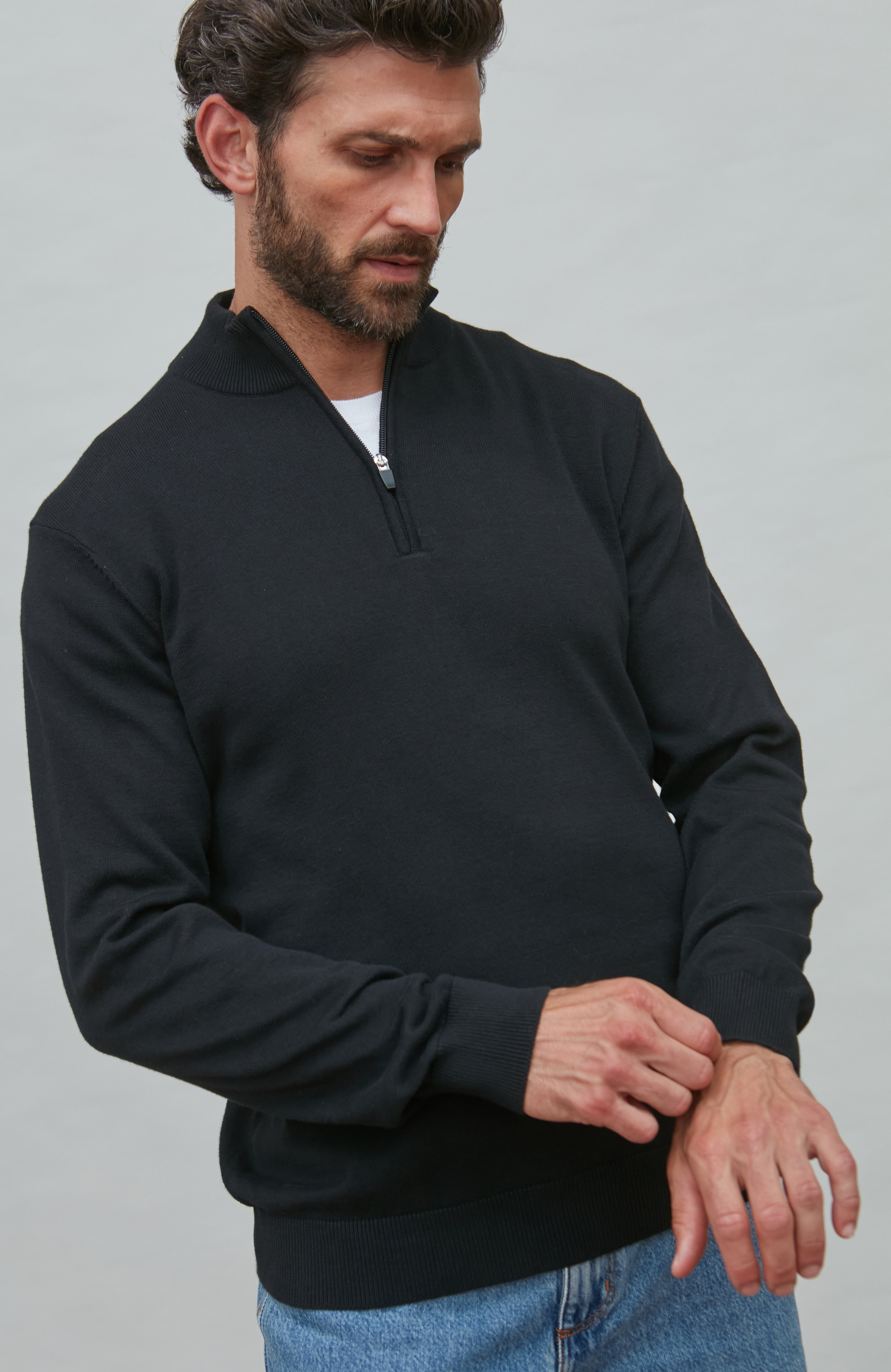 Mens Lightweight Cotton Zip Neck Jumper