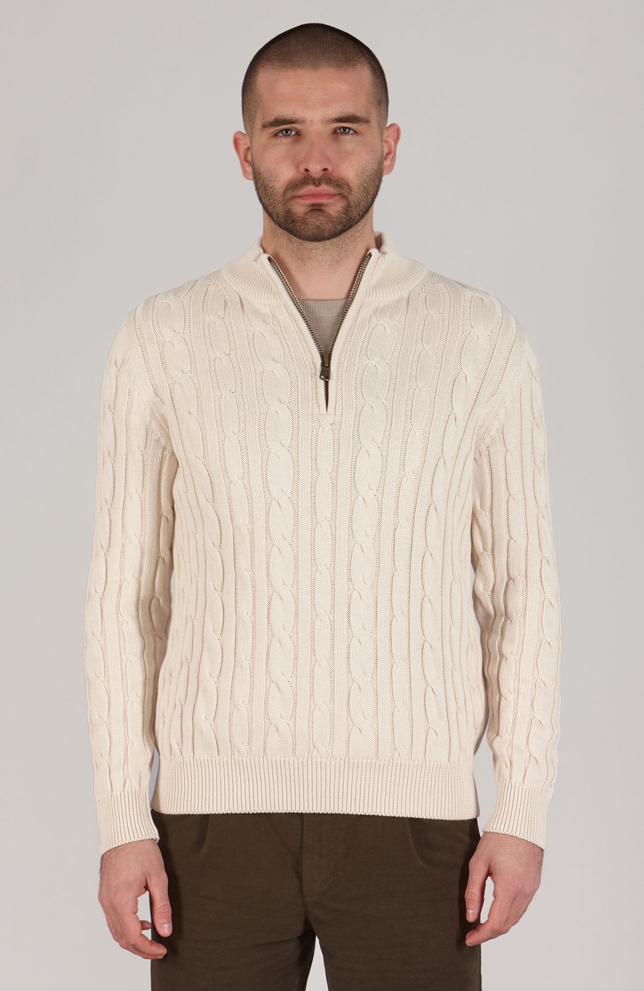 Mens Midweight Cotton Cable Zip Neck Jumper