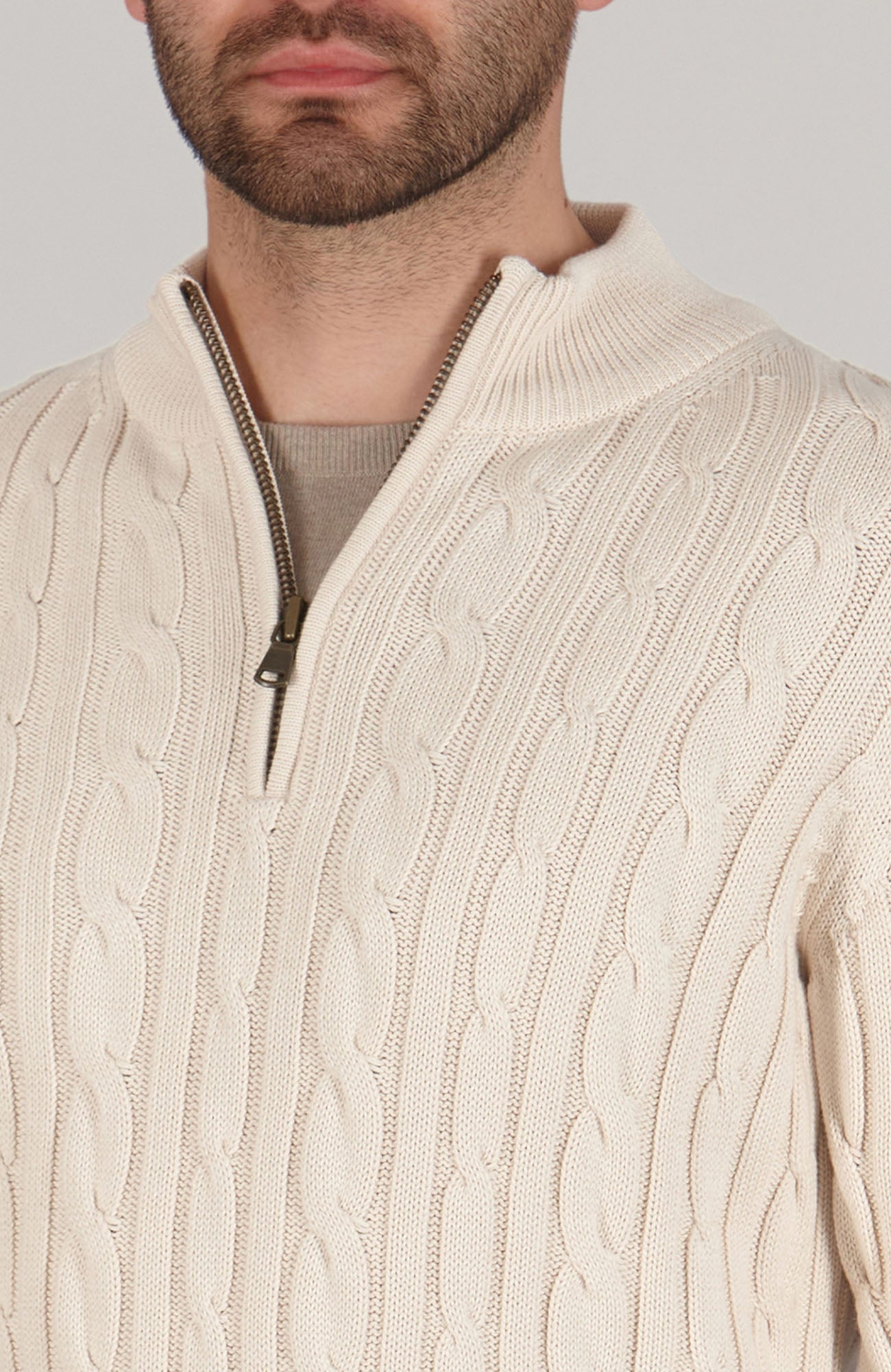 Mens Midweight Cotton Cable Zip Neck Jumper