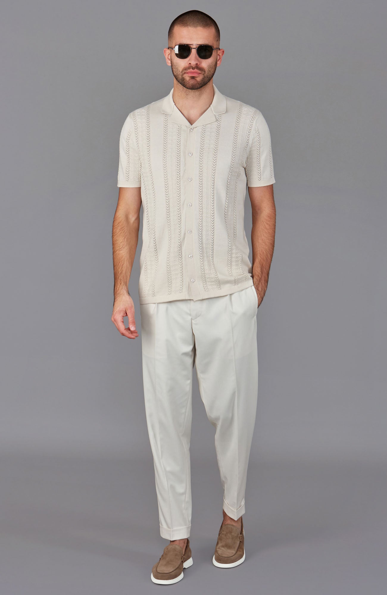 Mens Ultra Fine Cotton Open Knit Cuban Collar Shirt