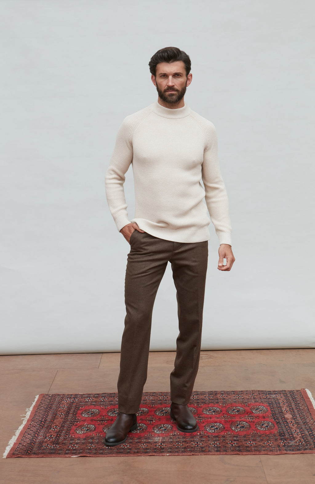 Mens Midweight Cotton Ribbed Mock Turtle Neck Jumper