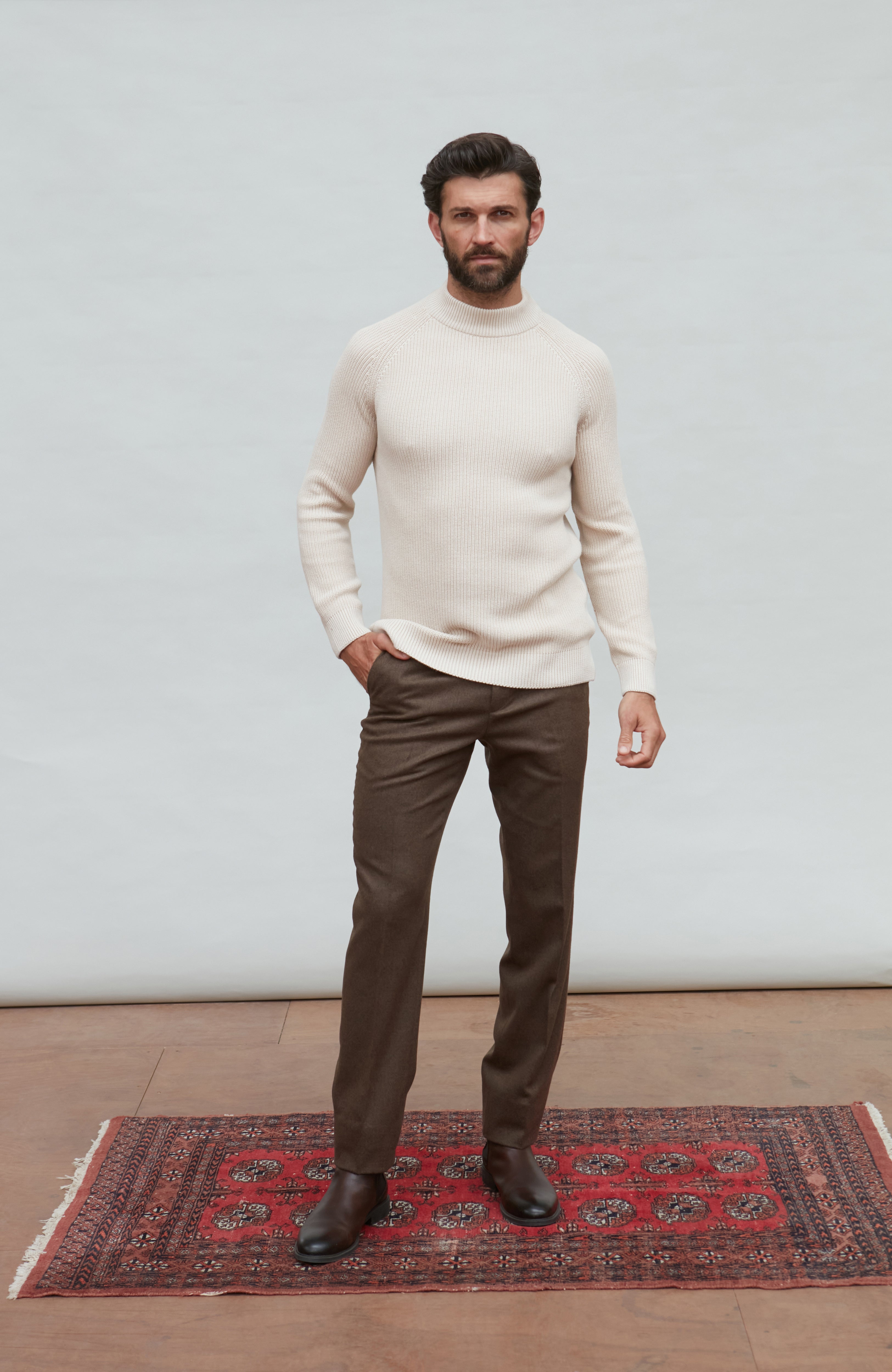 Mens Midweight Cotton Ribbed Mock Turtle Neck Jumper