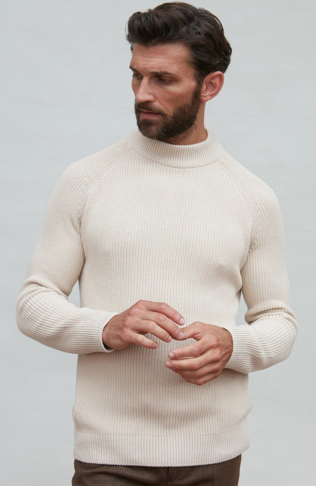 Mens Midweight Cotton Ribbed Mock Turtle Neck Jumper