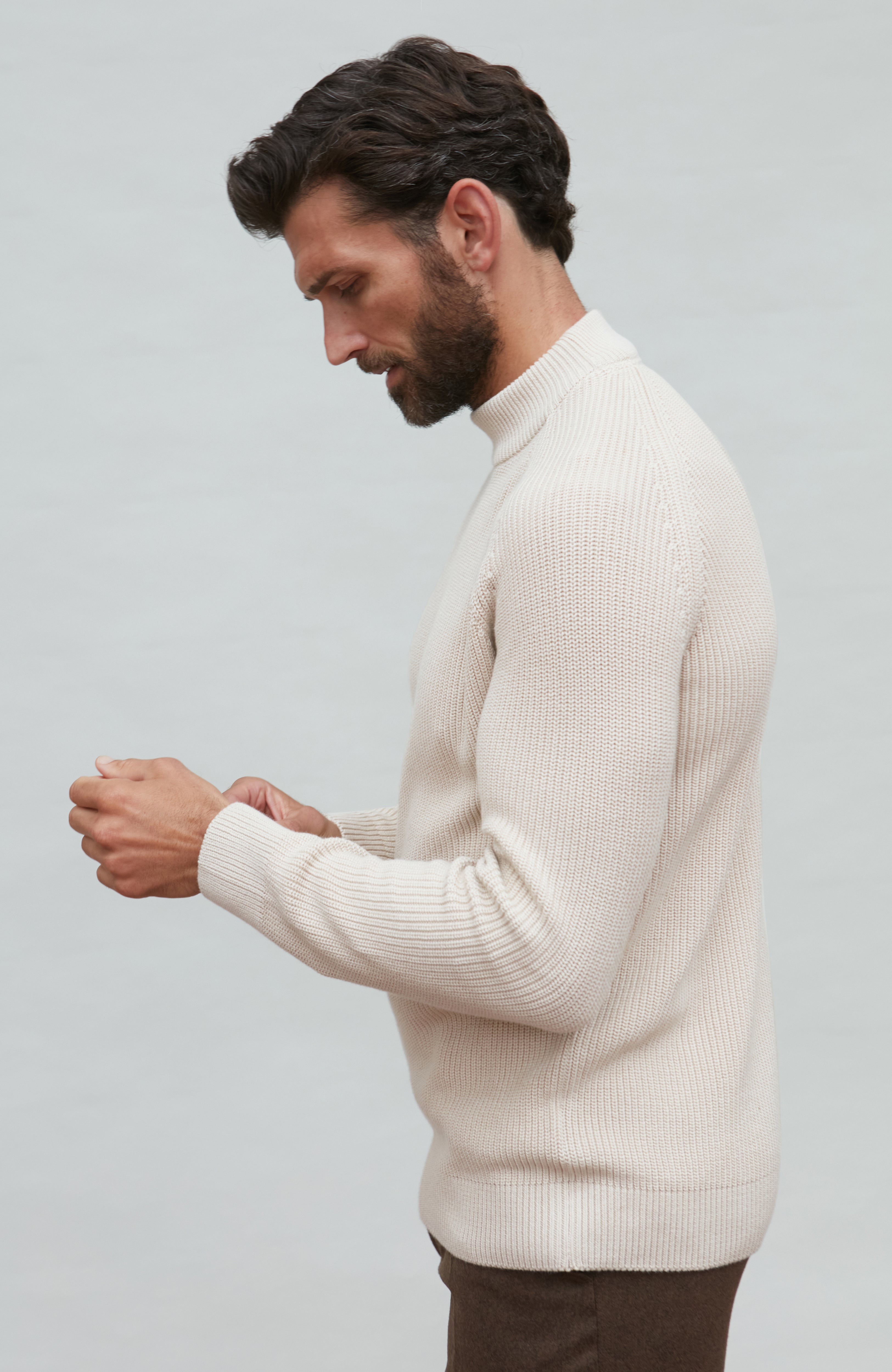 Mens Midweight Cotton Ribbed Mock Turtle Neck Jumper