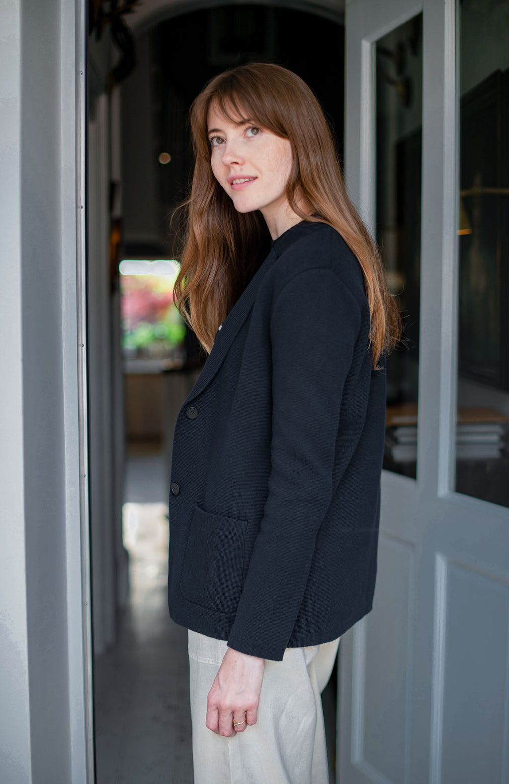 Womens Midweight Cotton Relaxed Fit Knitted Blazer