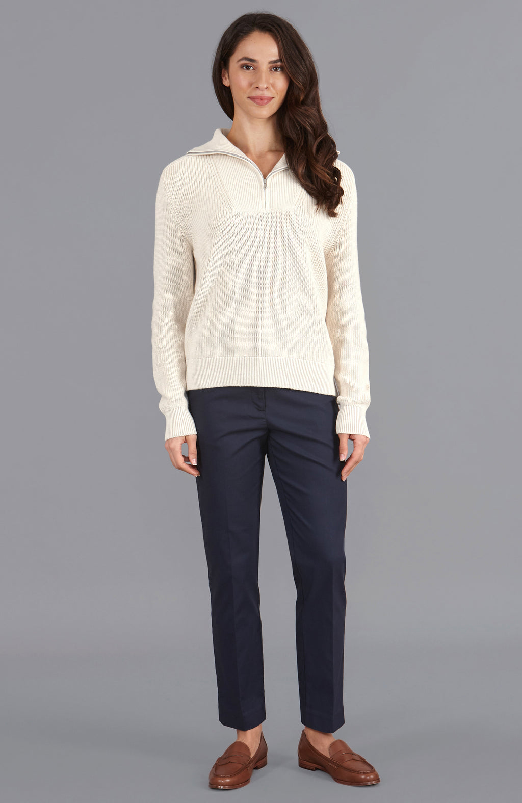 Womens Midweight Cotton Troyer Zip Neck Ribbed Jumper