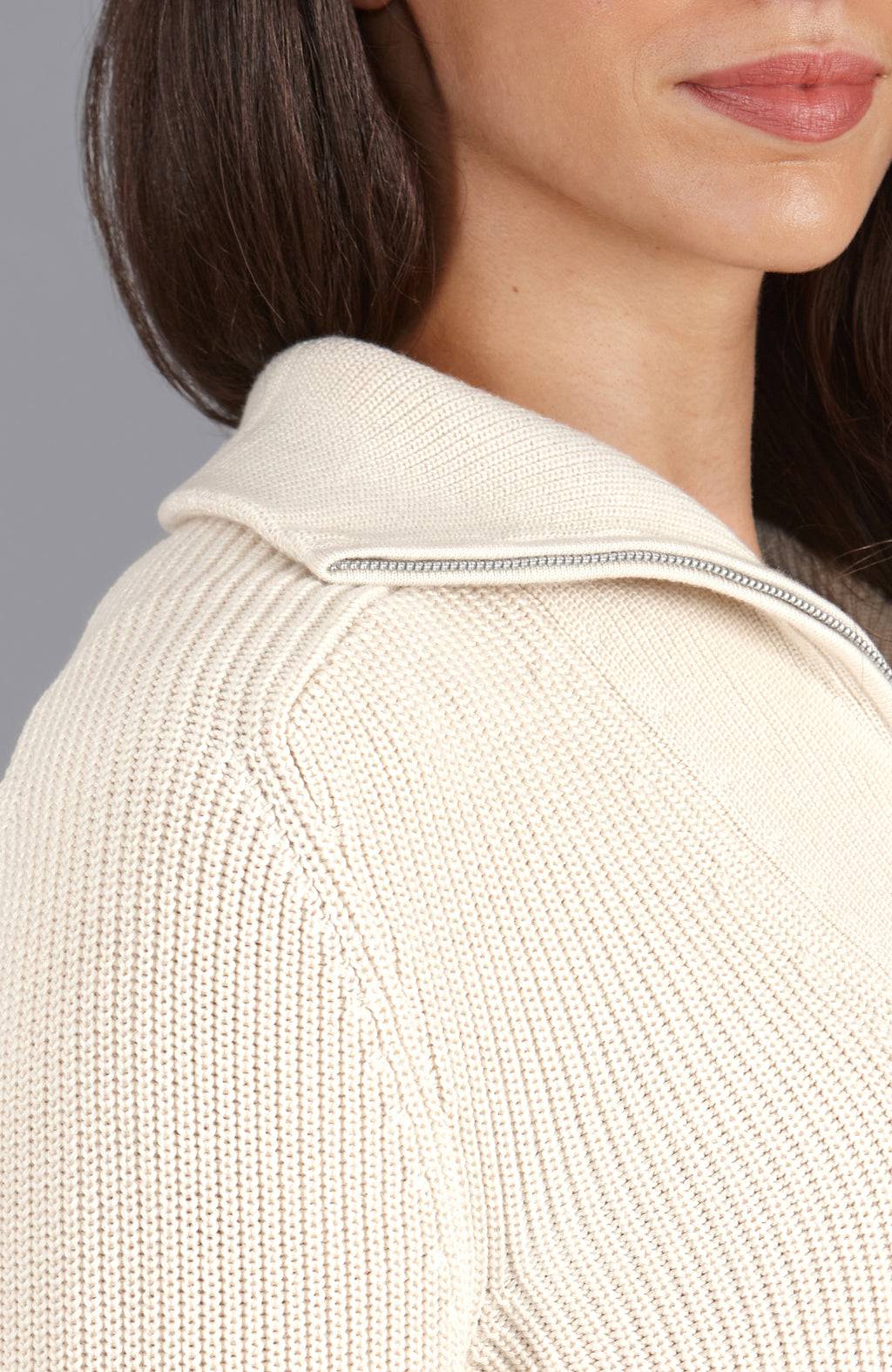 Womens Midweight Cotton Troyer Zip Neck Ribbed Jumper