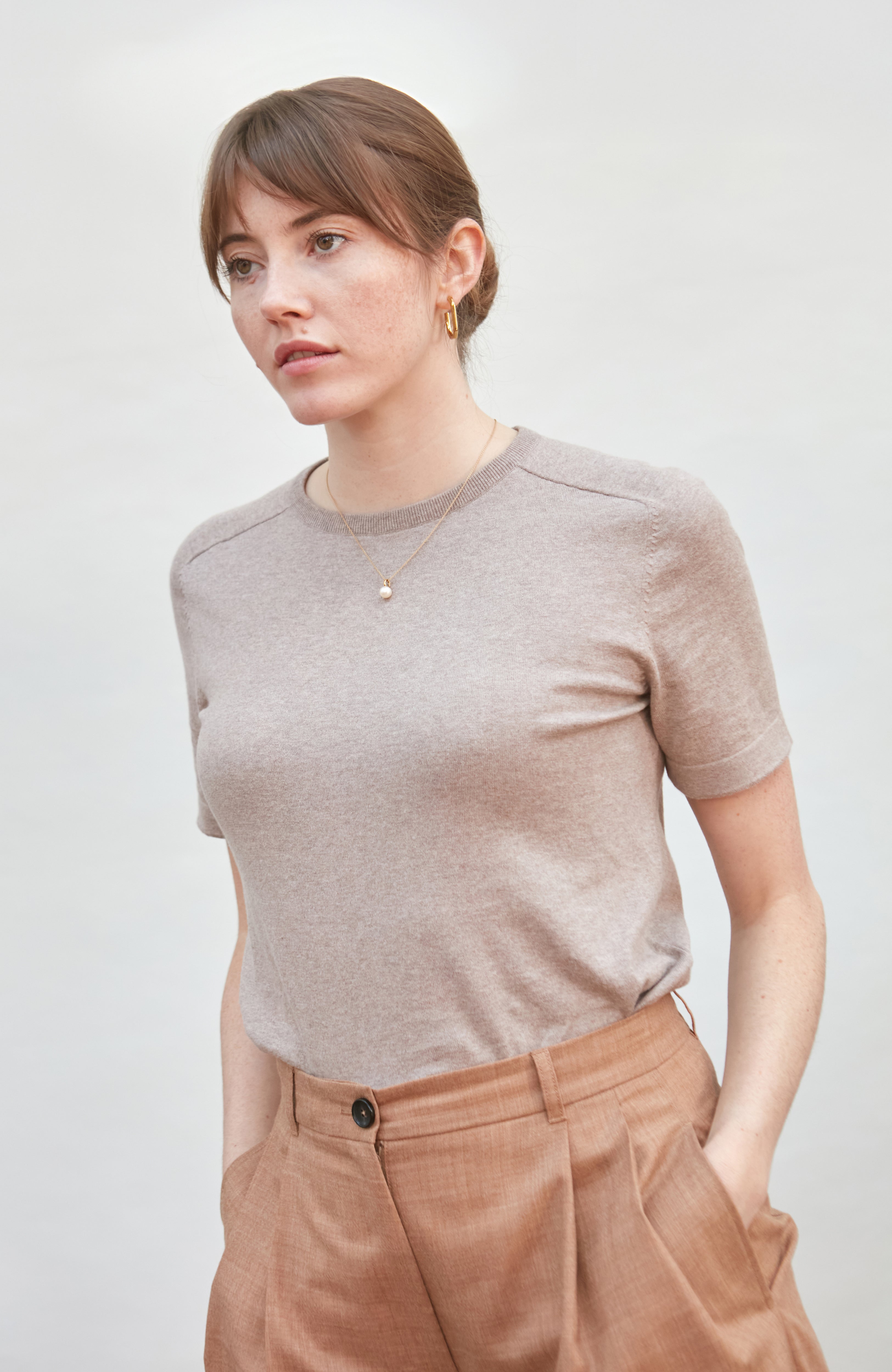 Womens Ultra Fine Cotton Saddle Shoulder Knitted T-Shirt