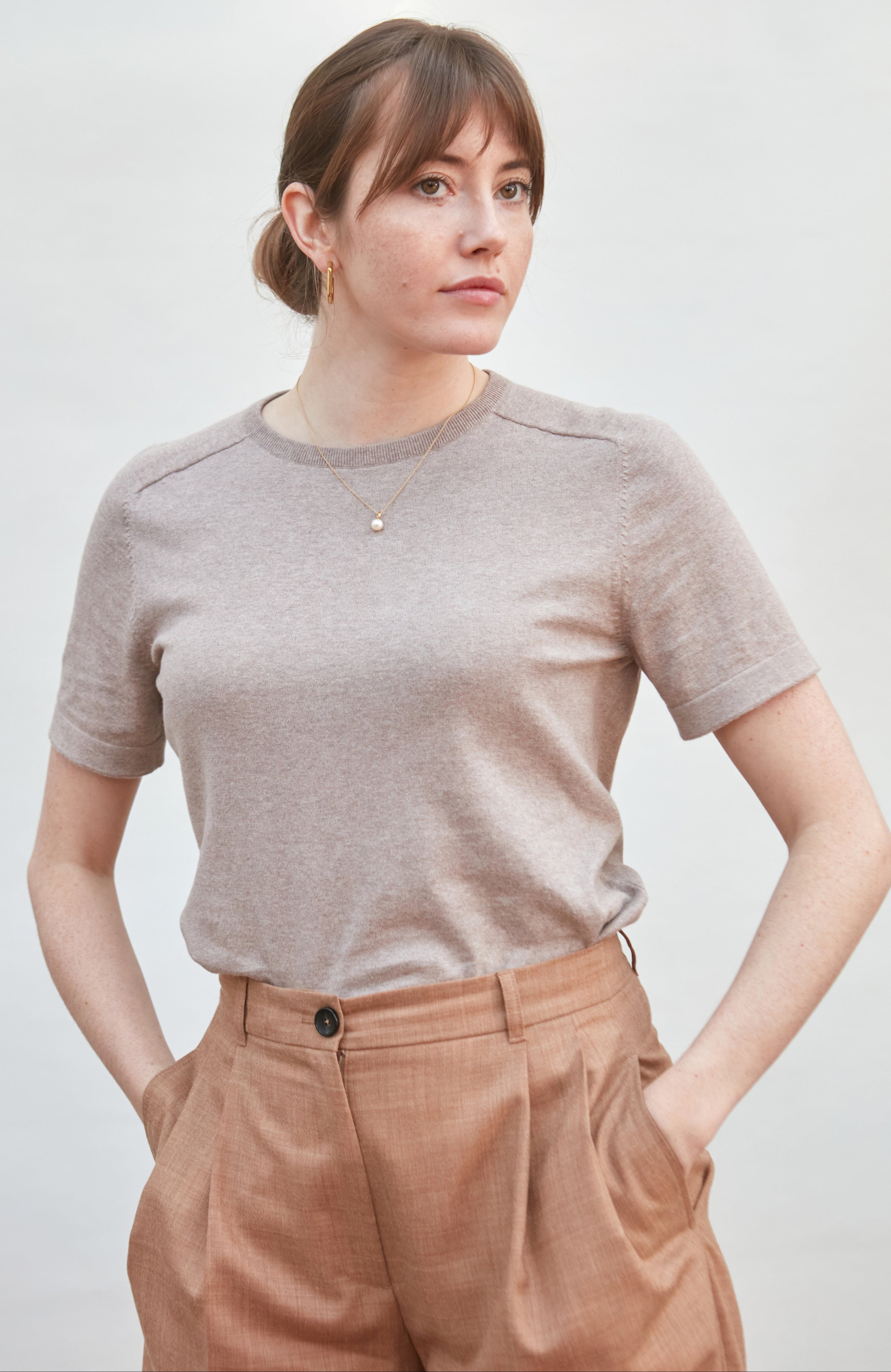 Womens Ultra Fine Cotton Saddle Shoulder Knitted T-Shirt