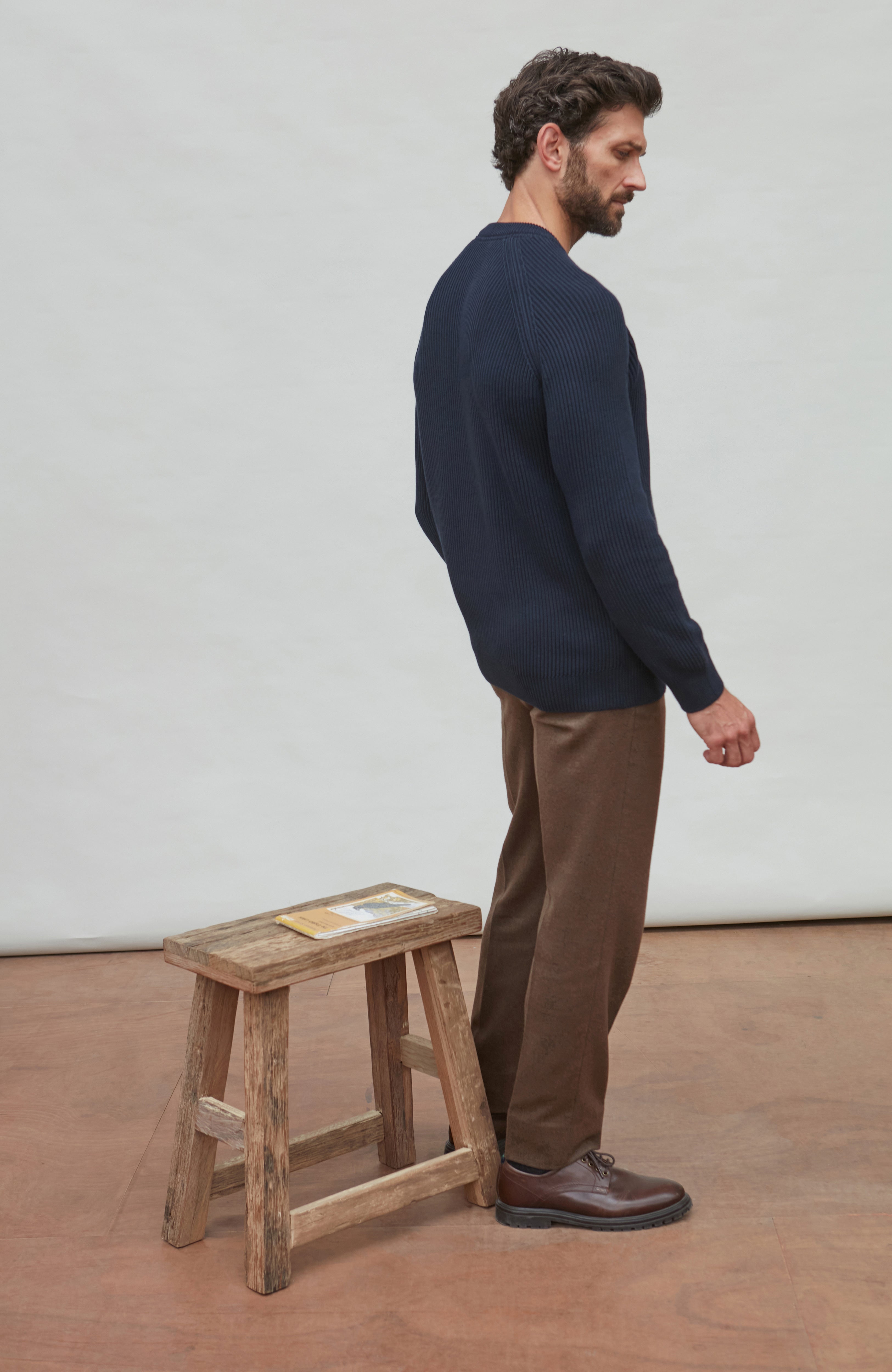 Mens Midweight Cotton Ribbed Crew Neck Jumper