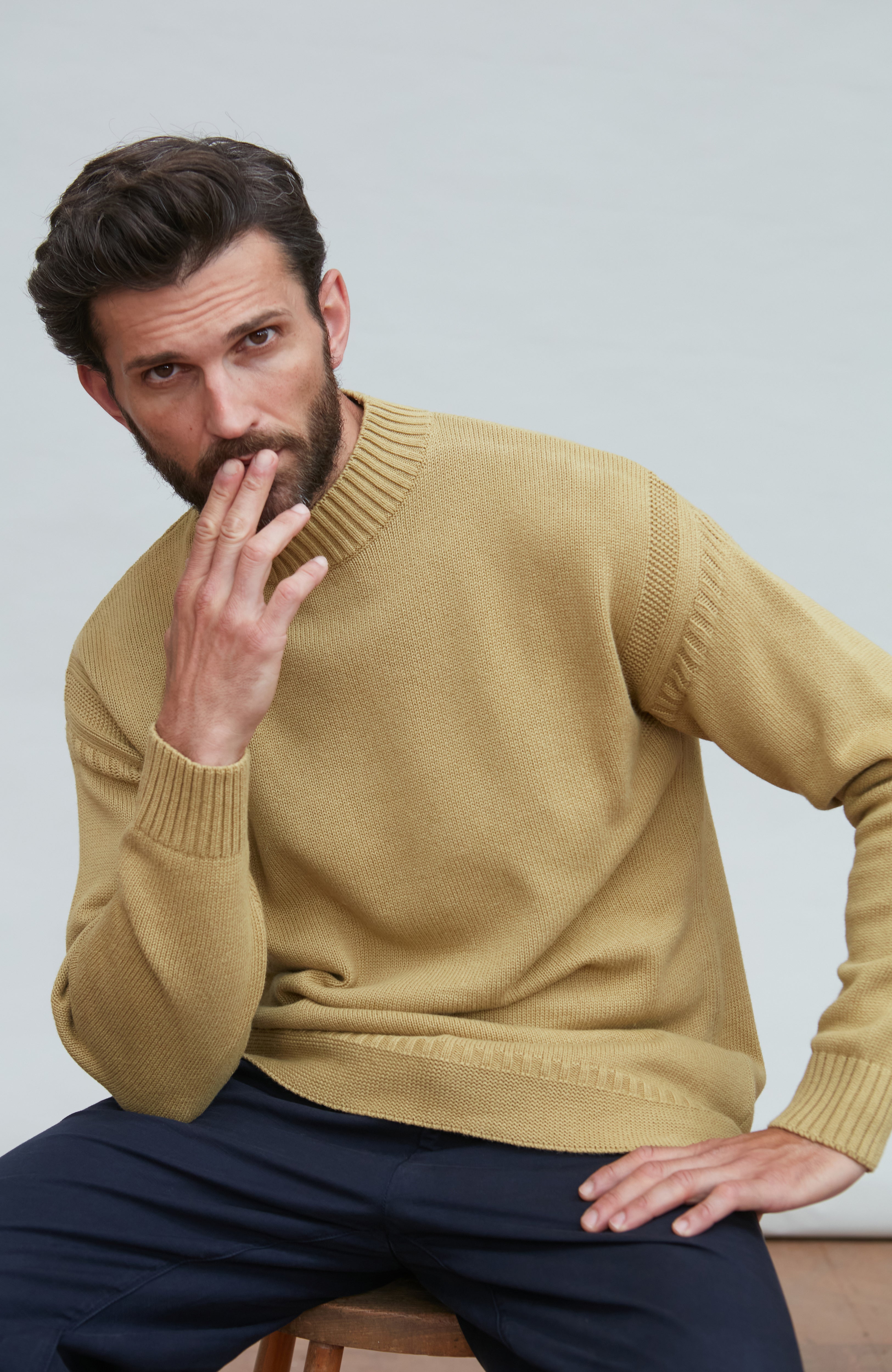 Mens Midweight Organic Cotton Linen Mock Neck Gansey Jumper