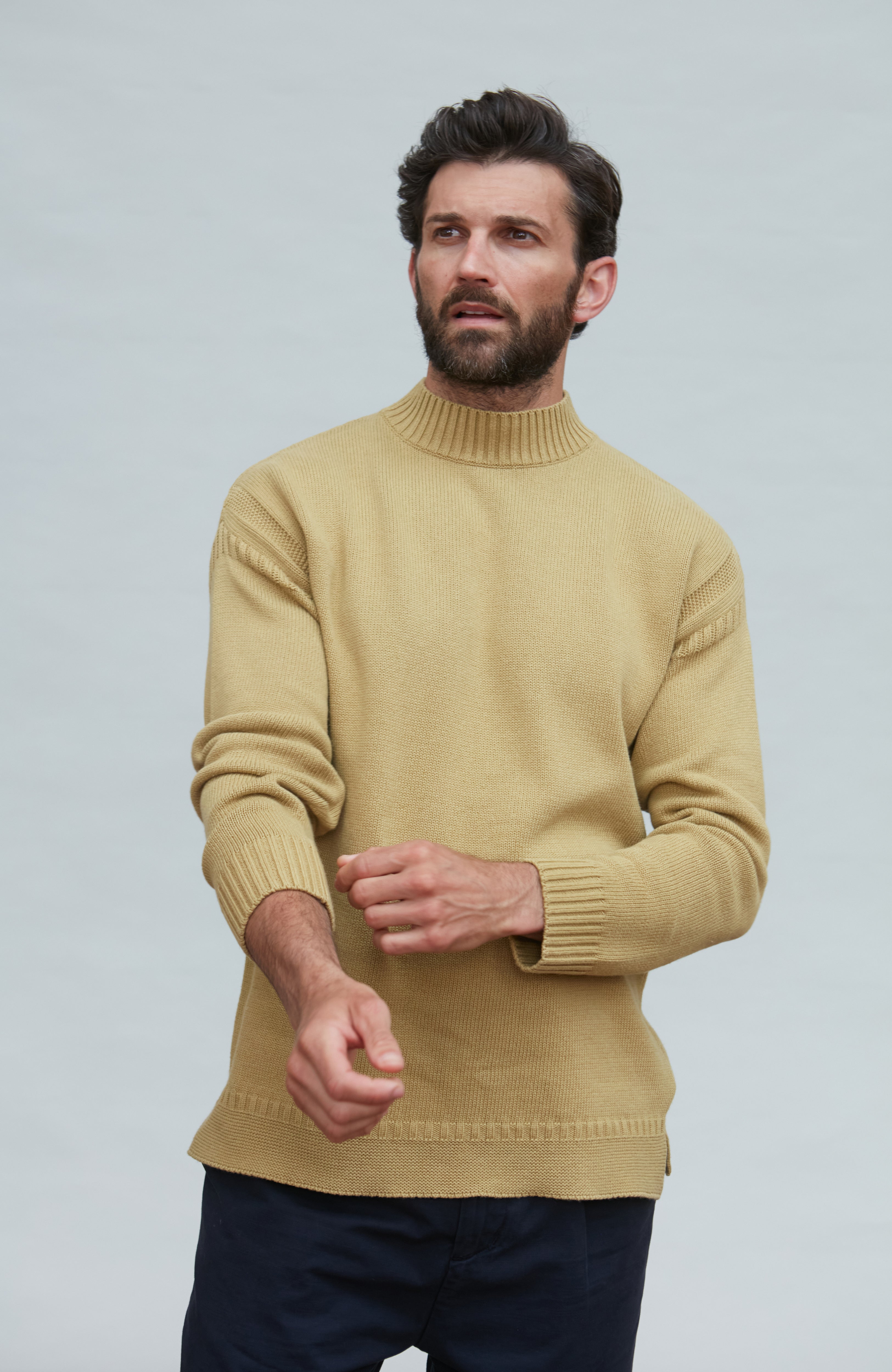 Mens Midweight Organic Cotton Linen Mock Neck Gansey Jumper