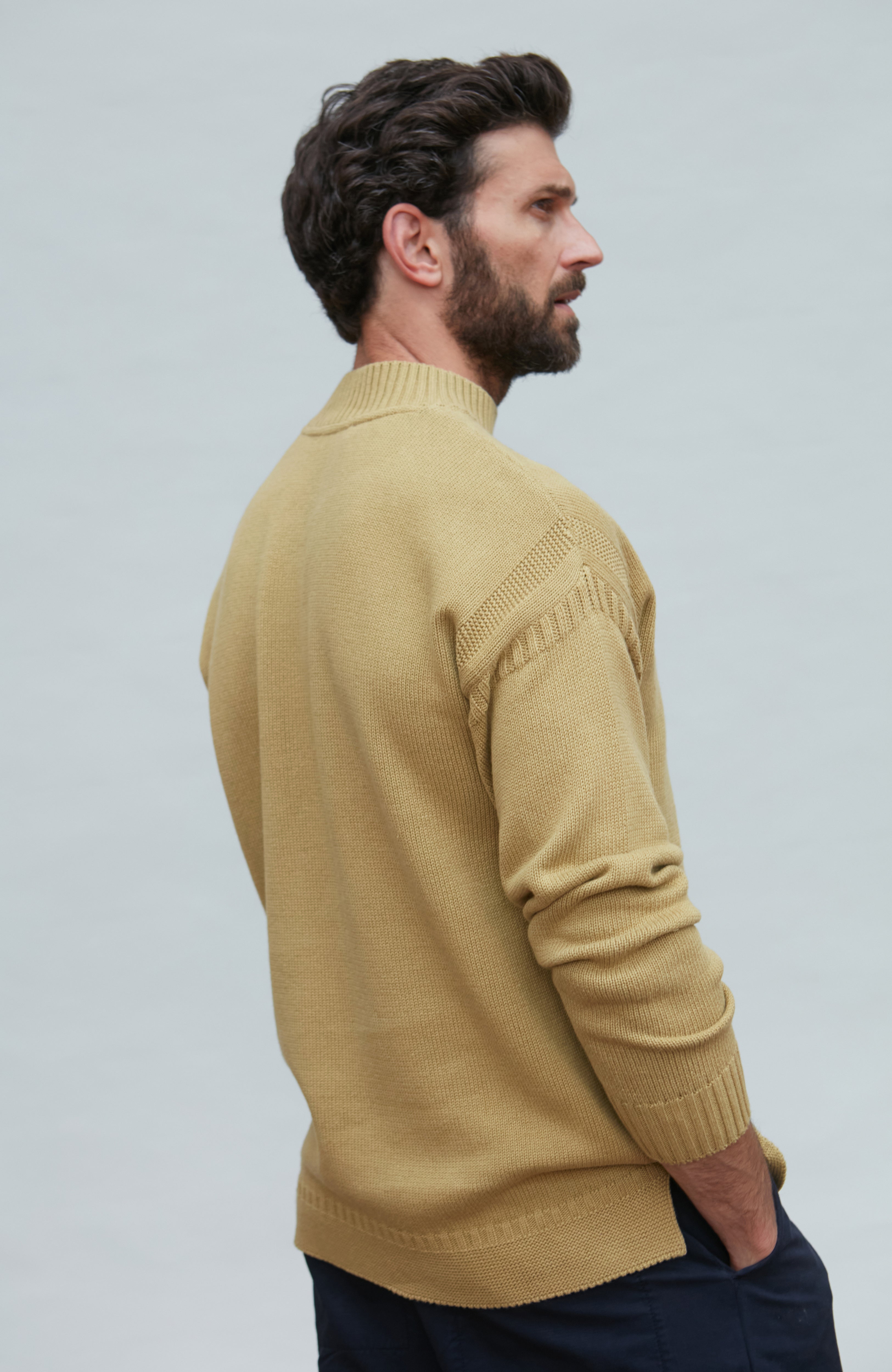 Mens Midweight Organic Cotton Linen Mock Neck Gansey Jumper