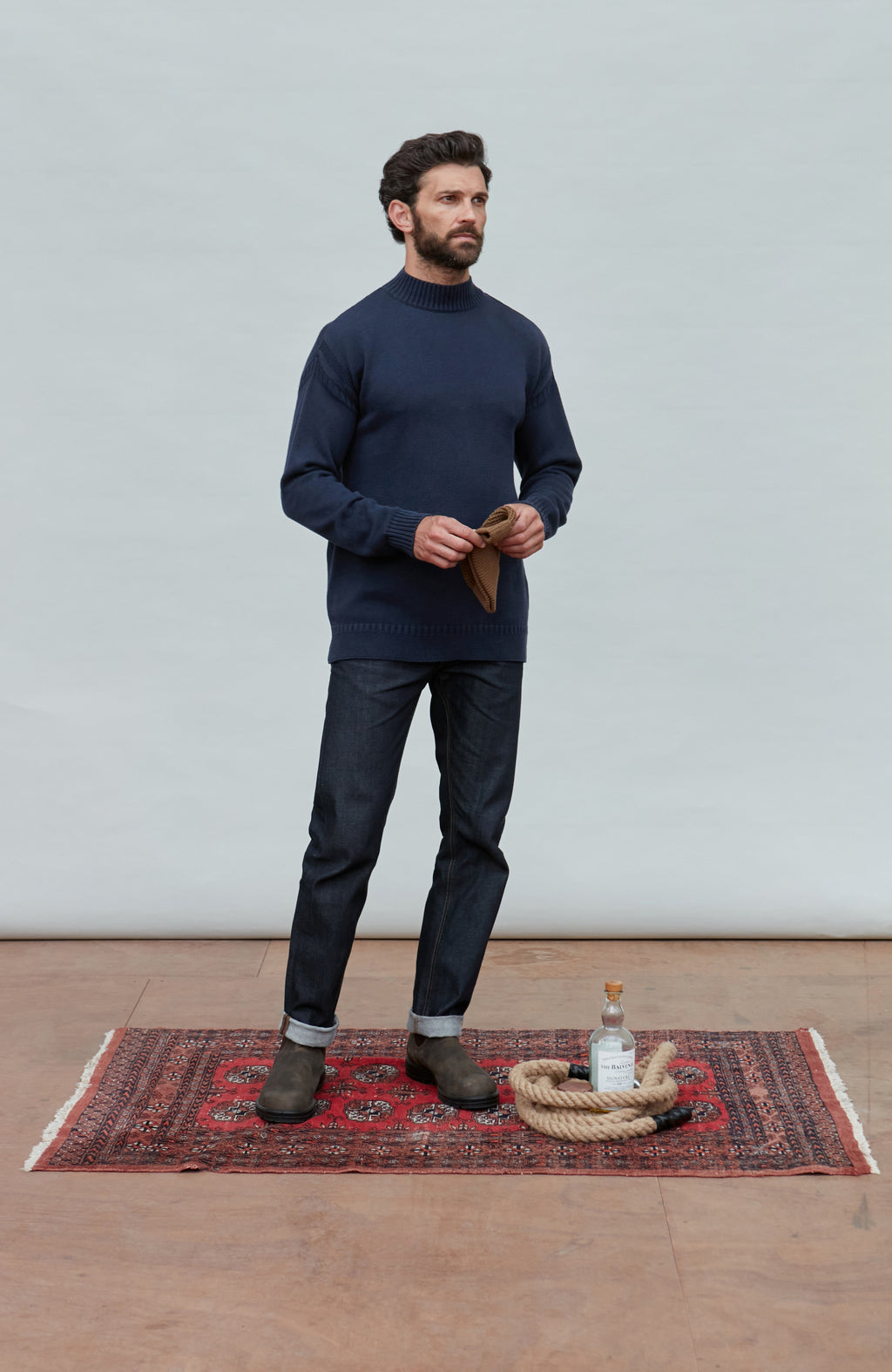 Mens Midweight Organic Cotton Linen Mock Neck Gansey Jumper