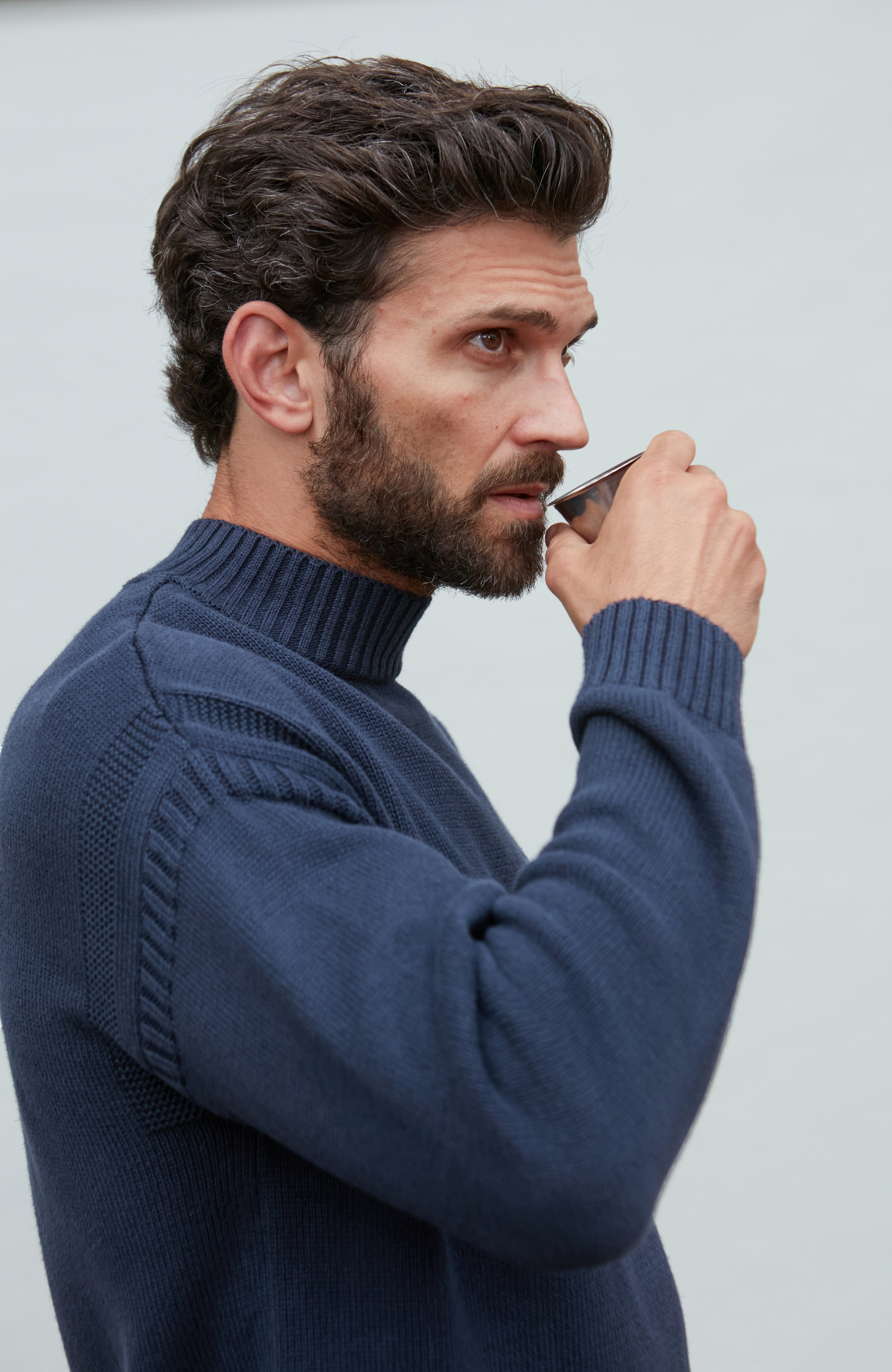 Mens Midweight Organic Cotton Linen Mock Neck Gansey Jumper