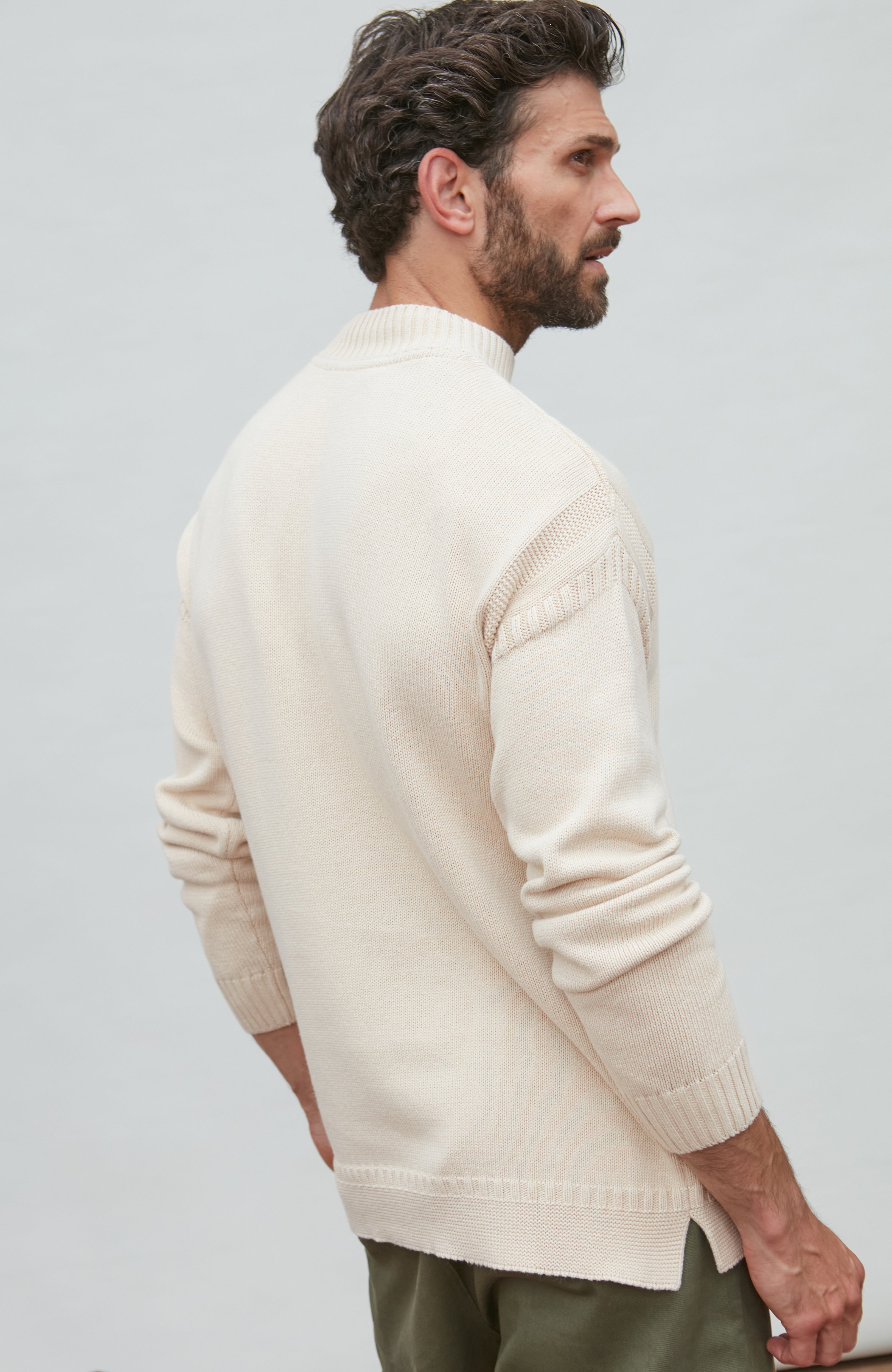 Mens Midweight Organic Cotton Linen Mock Neck Gansey Jumper