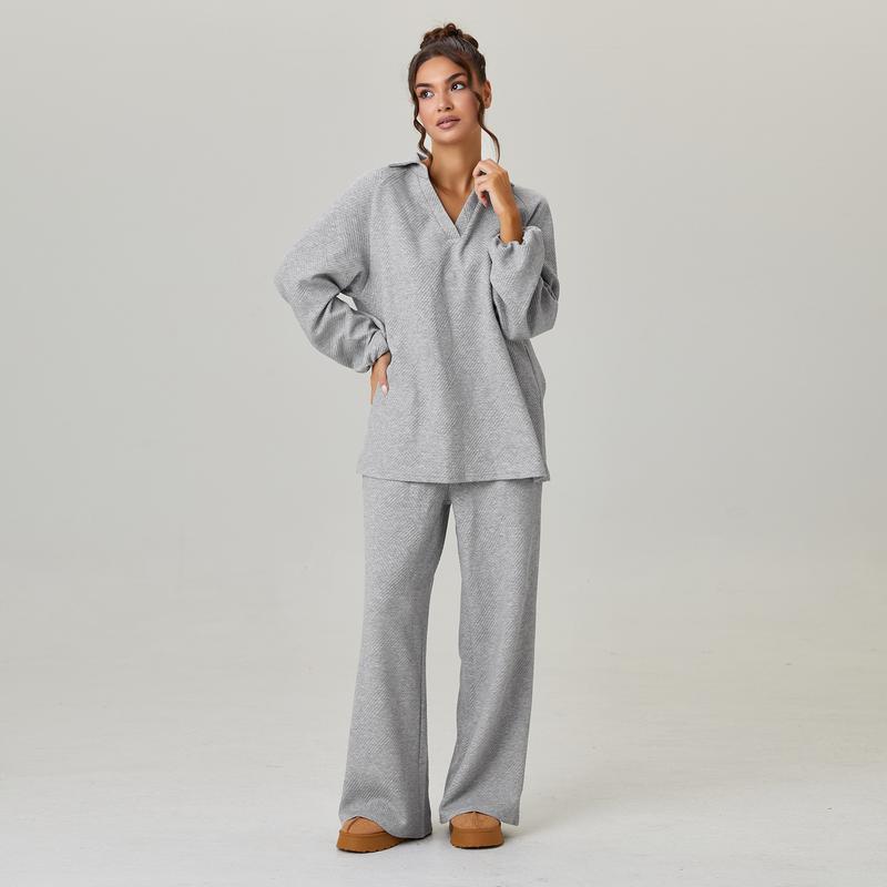 KatchMe Women's Slouchy Solid Color V-Neck Loose Textured Pullover & Drawstring Waist Trousers Co-ord, Minimalist Two Piece Outfits, Soft Womenswear