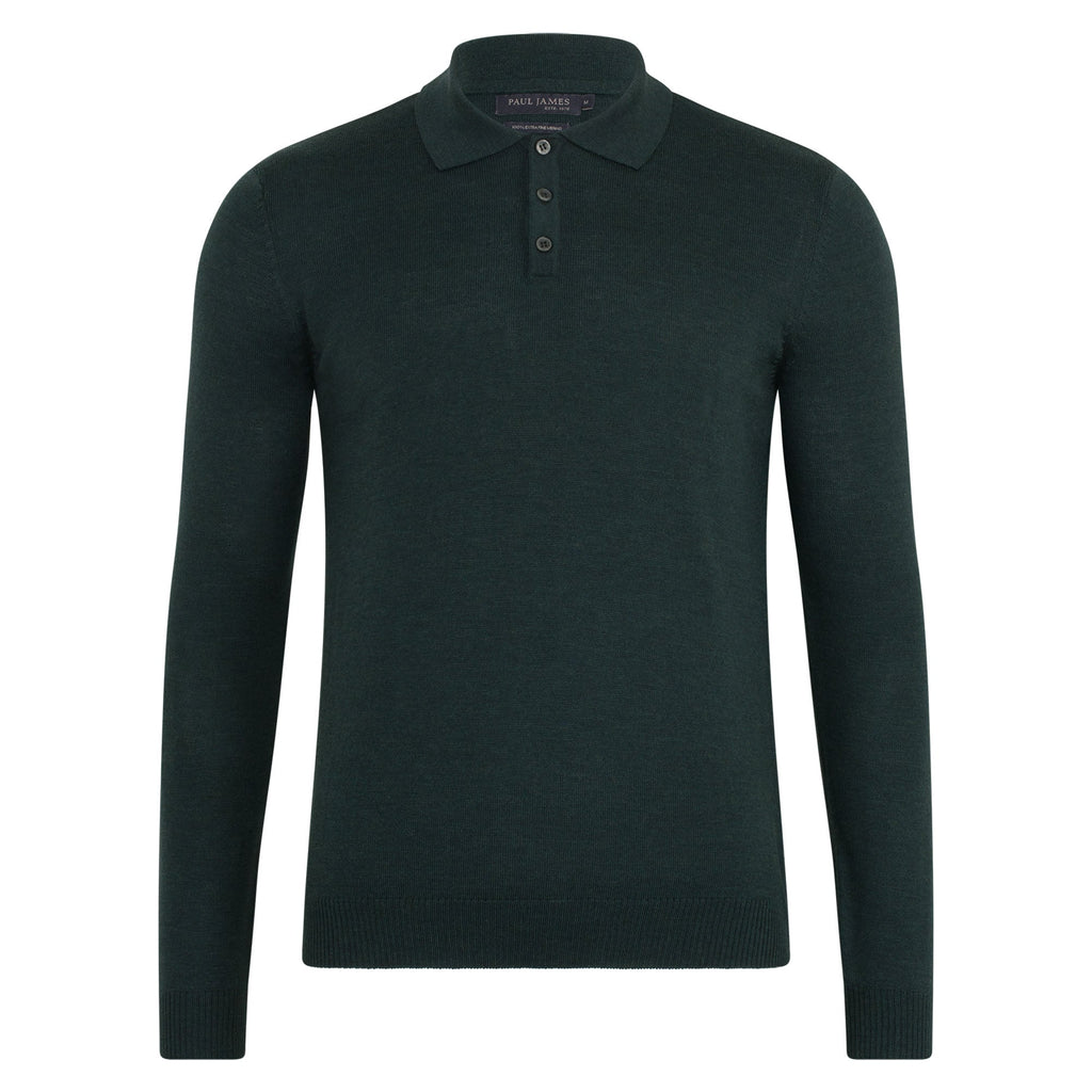Mens Extra Fine Merino Wool Long Sleeve Polo Shirt