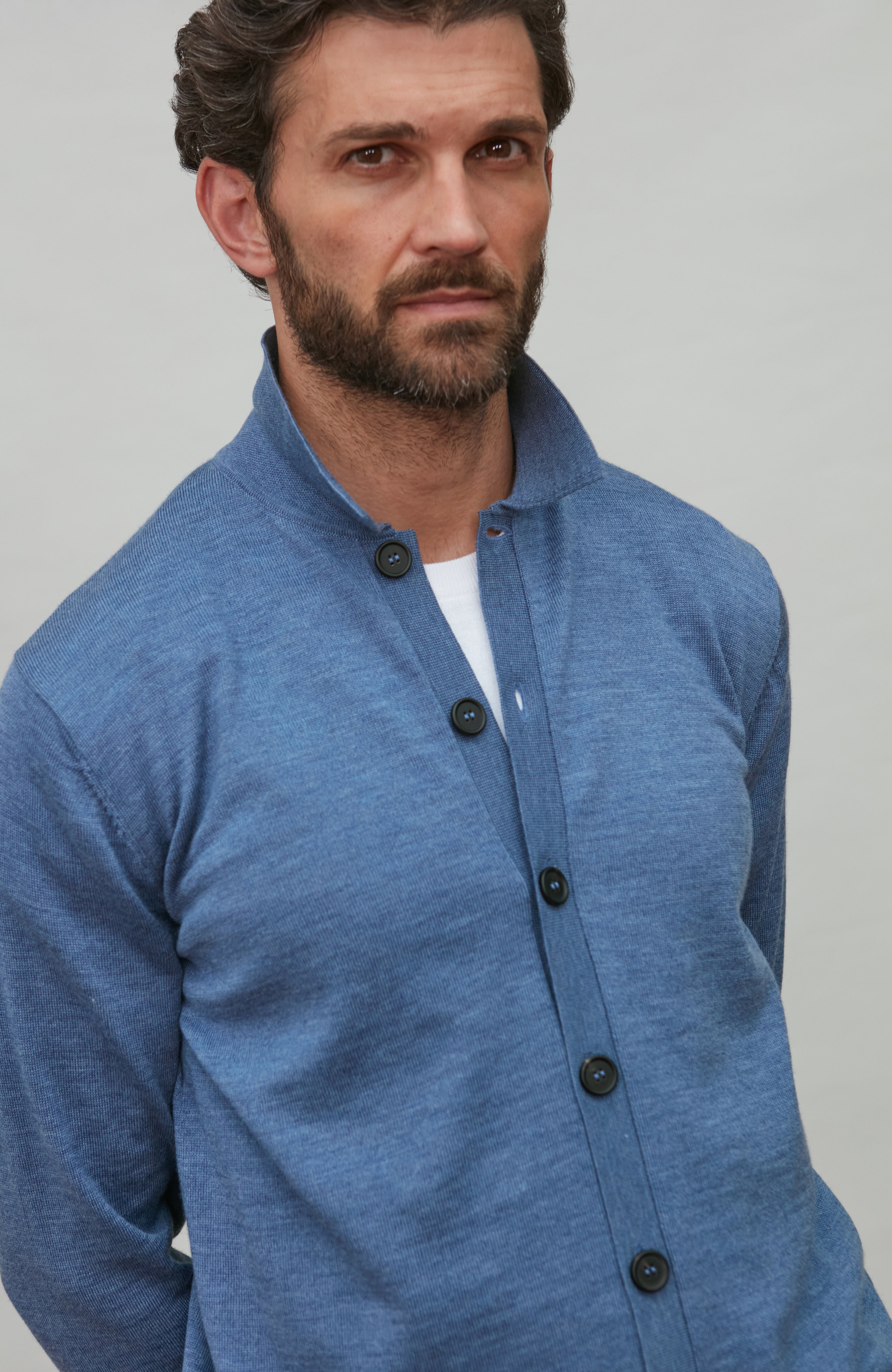 Mens Extra Fine Merino Wool Polo Cardigan