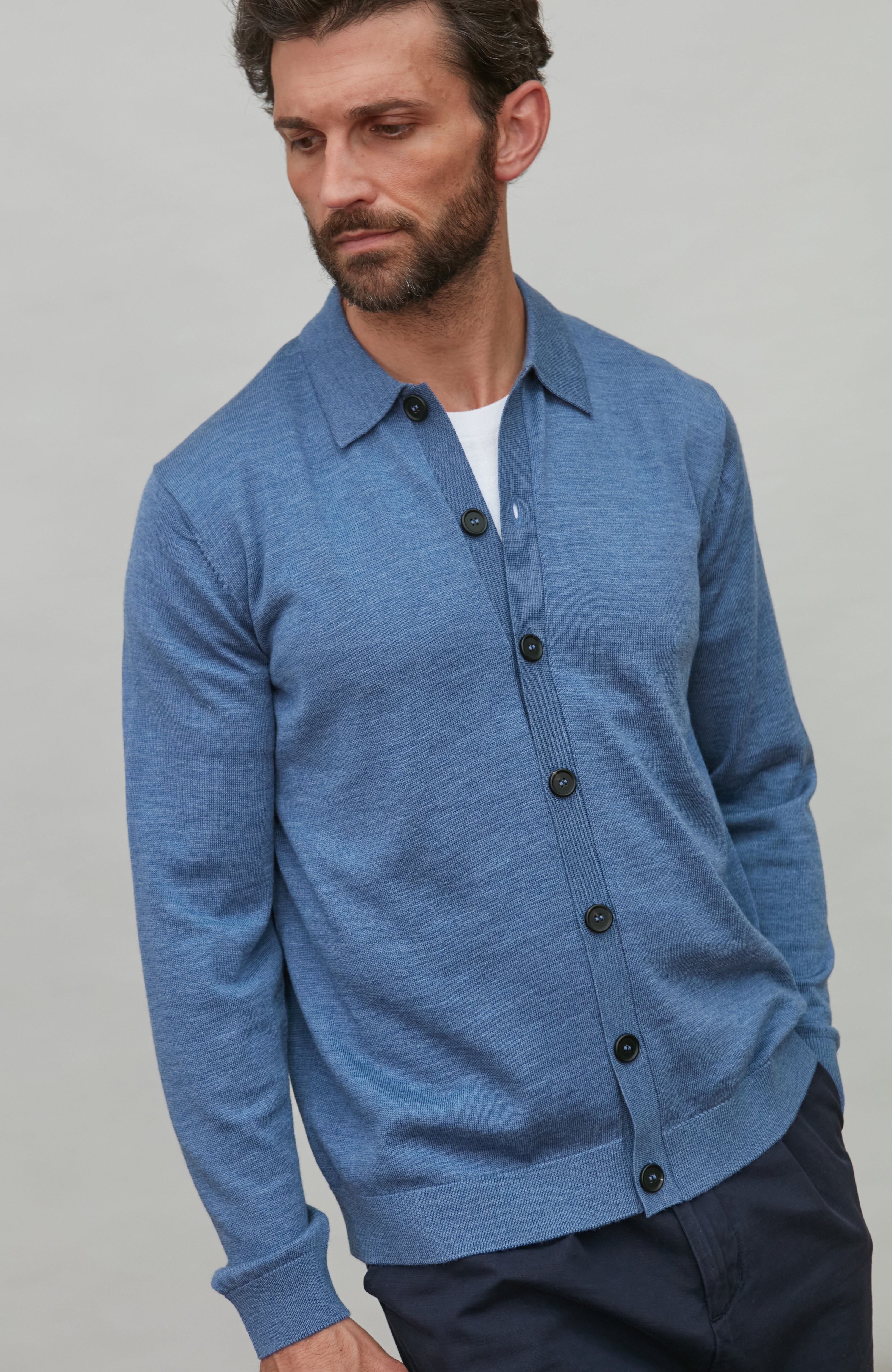 Mens Extra Fine Merino Wool Polo Cardigan