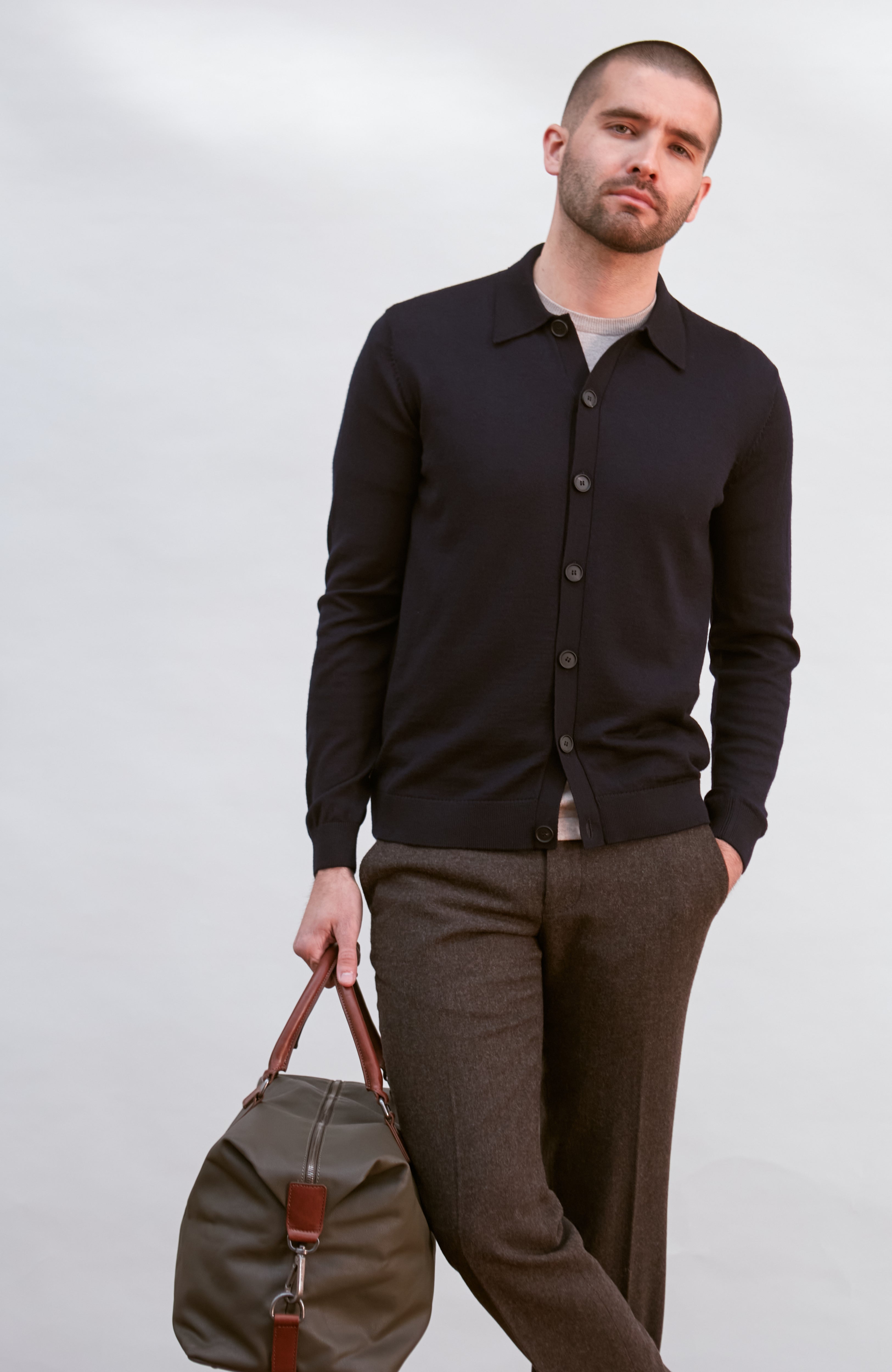 Mens Extra Fine Merino Wool Polo Cardigan