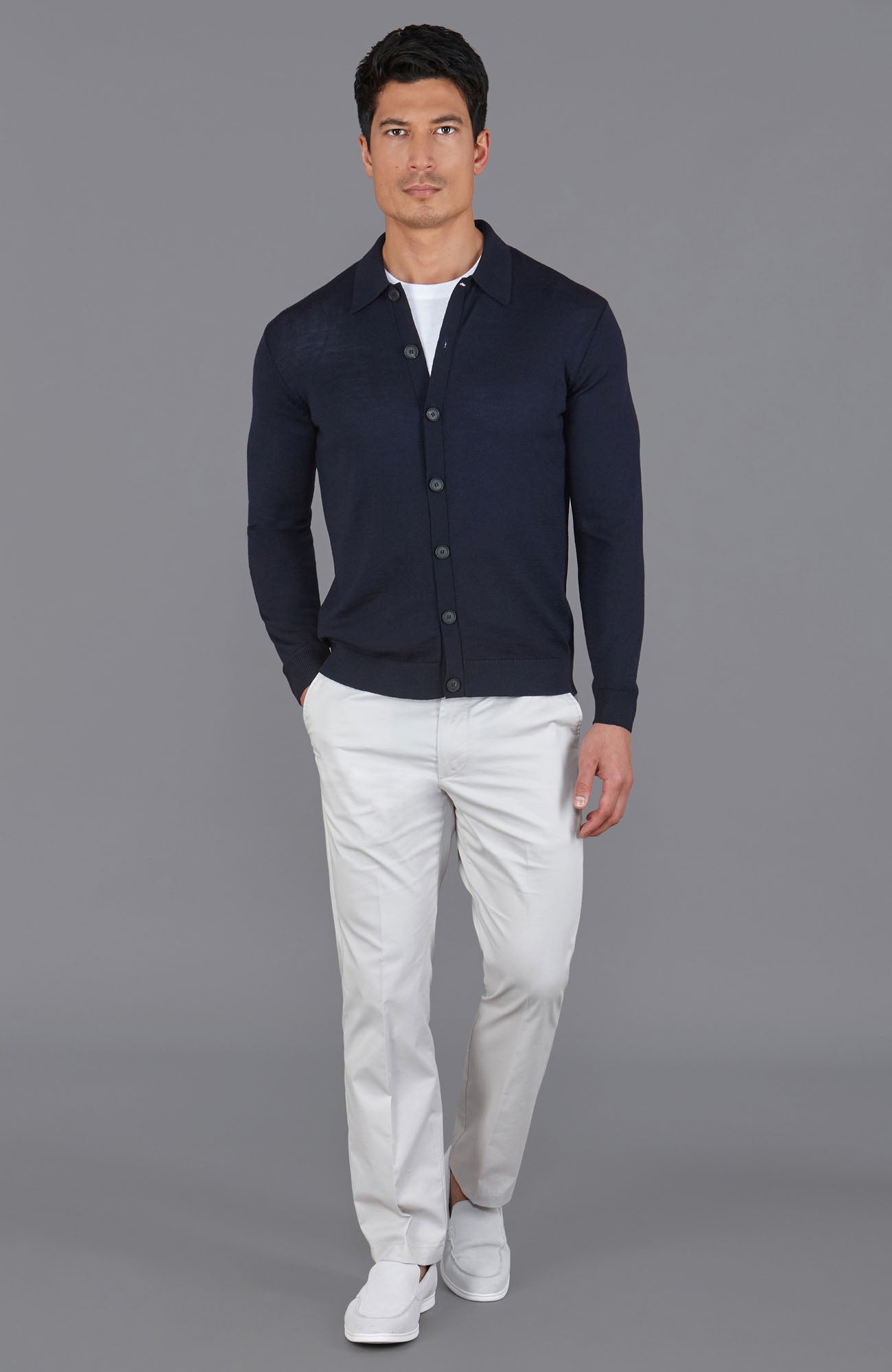 Mens Extra Fine Merino Wool Polo Cardigan