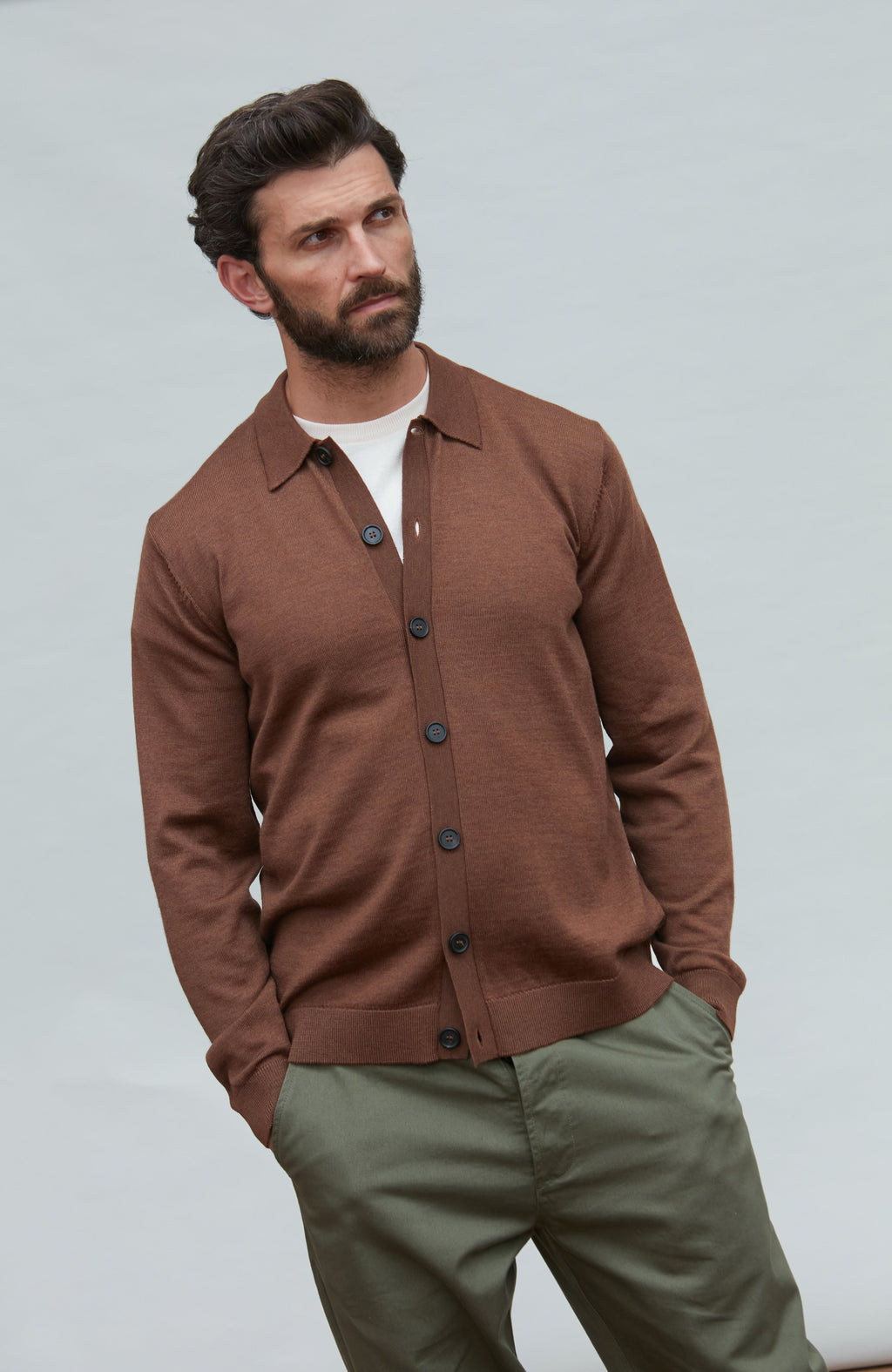 Mens Extra Fine Merino Wool Polo Cardigan
