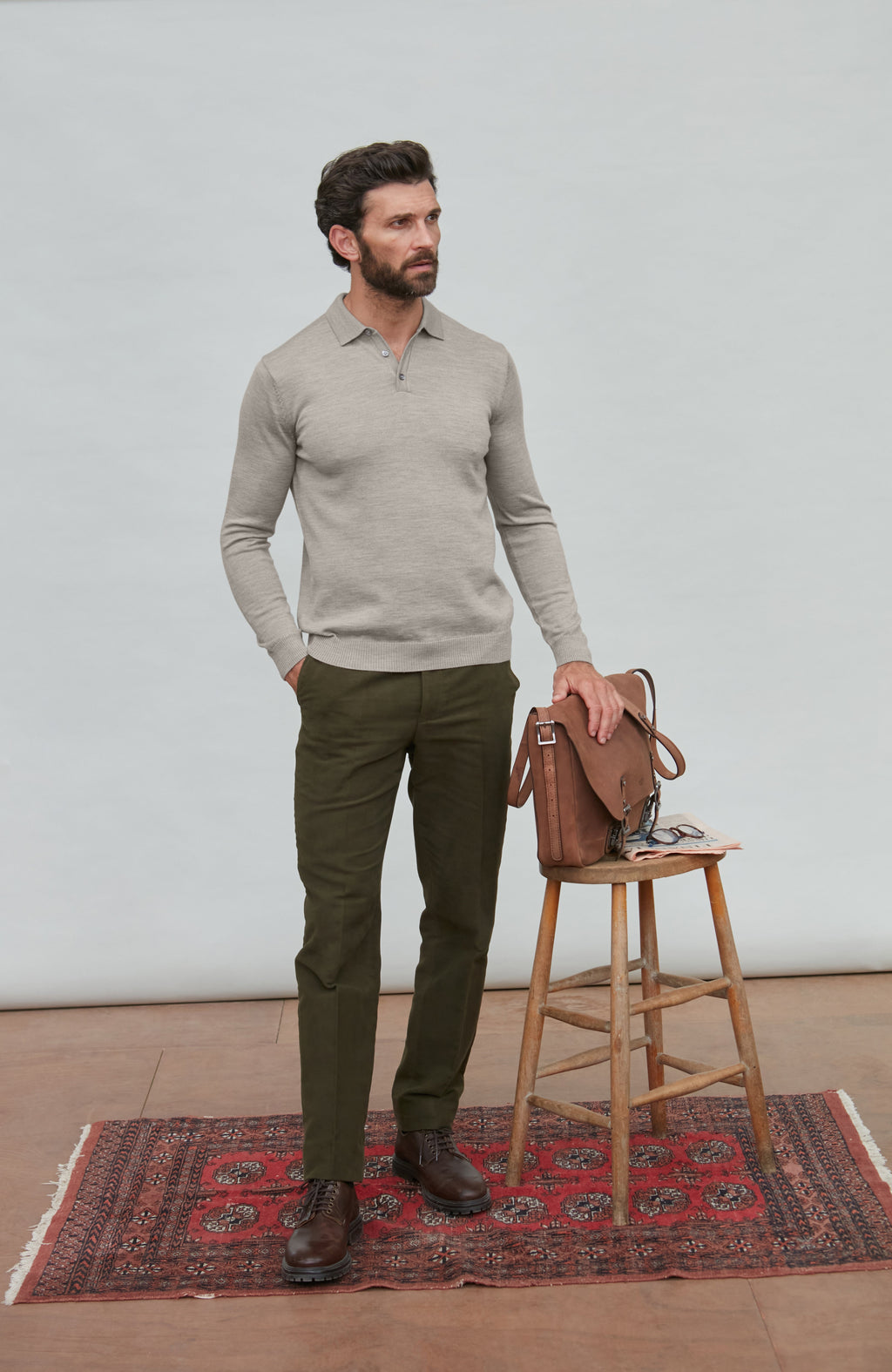 Mens Extra Fine Merino Wool Long Sleeve Polo Shirt