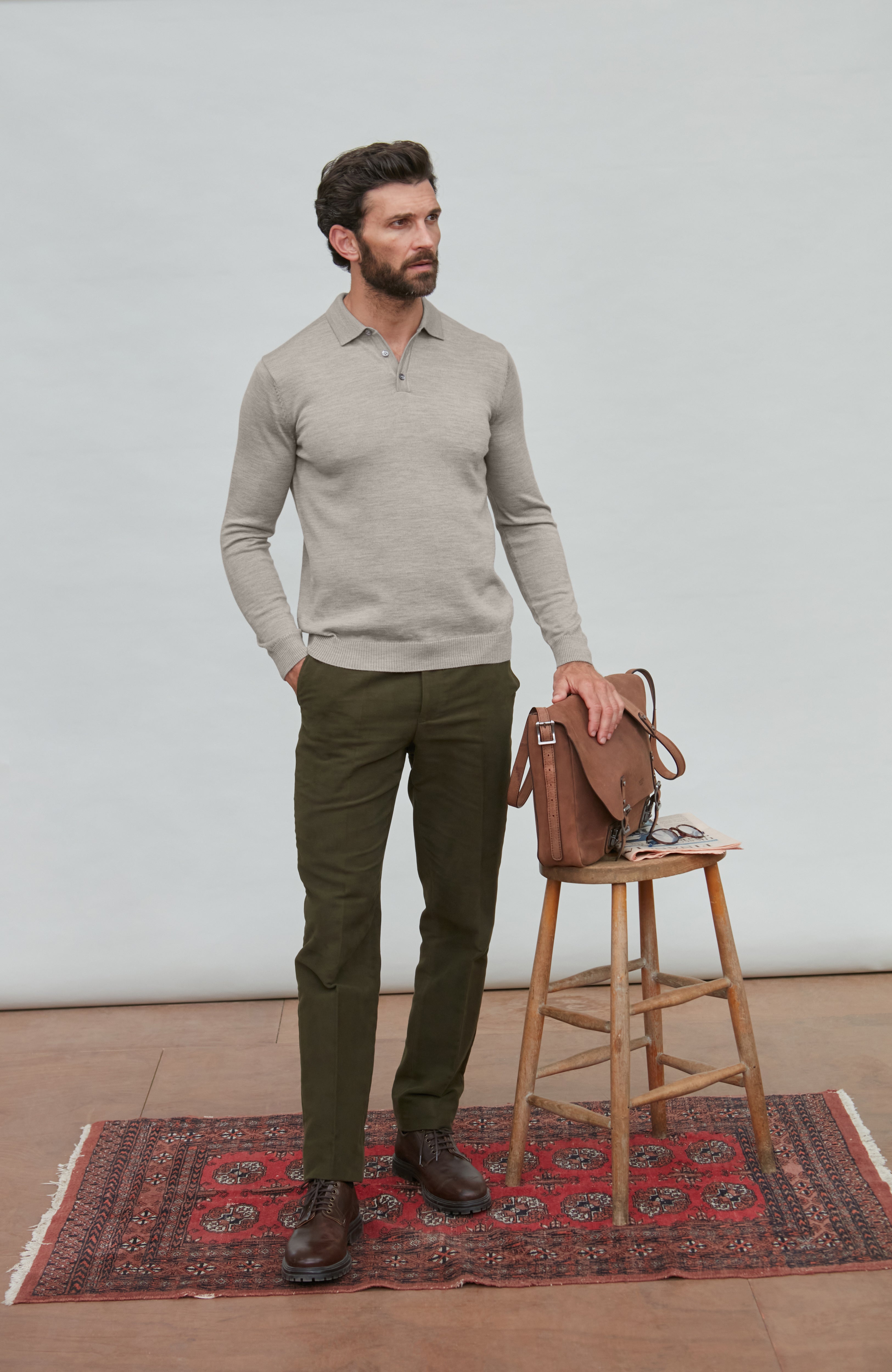 Mens Extra Fine Merino Wool Long Sleeve Polo Shirt