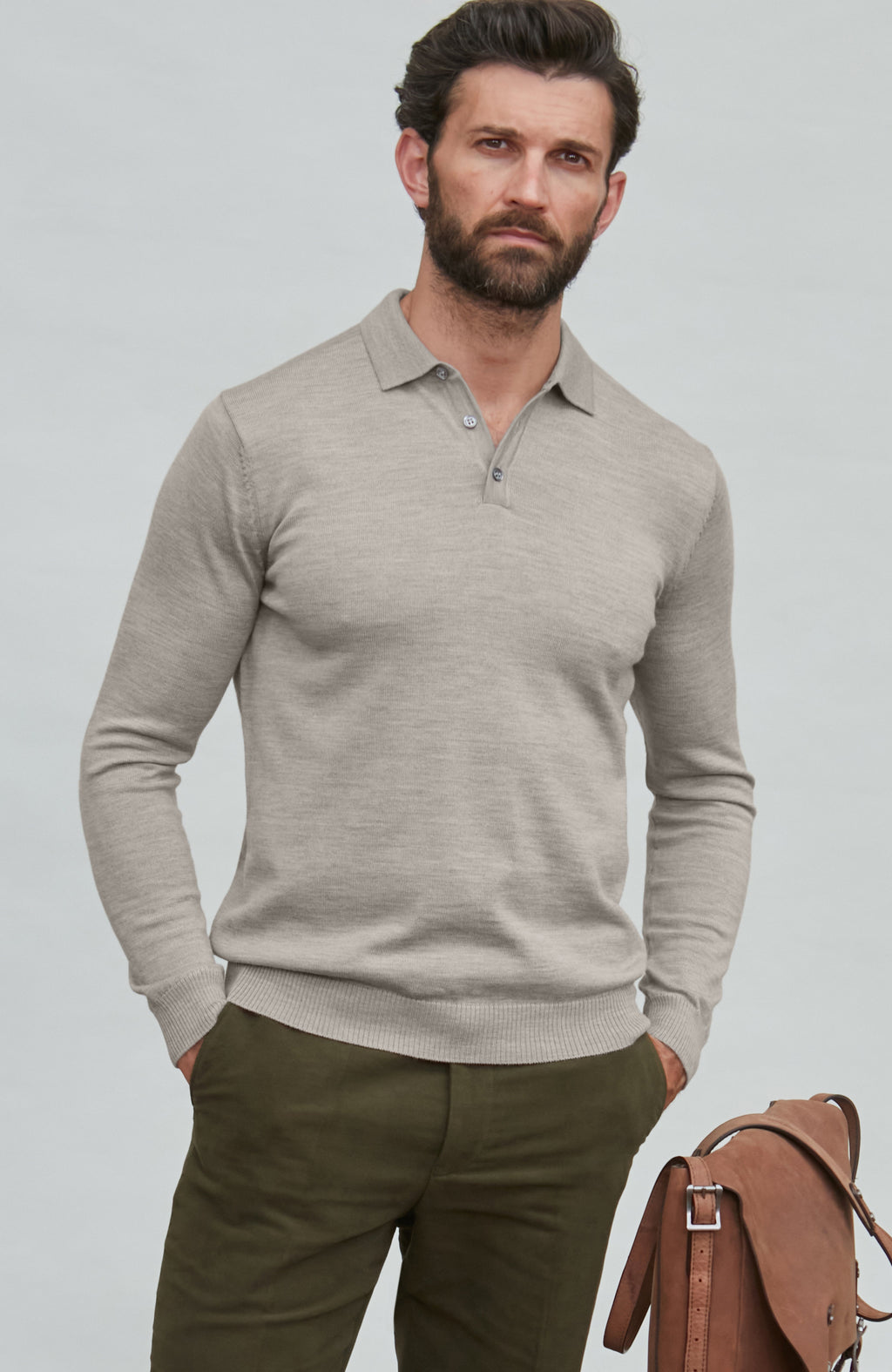 Mens Extra Fine Merino Wool Long Sleeve Polo Shirt